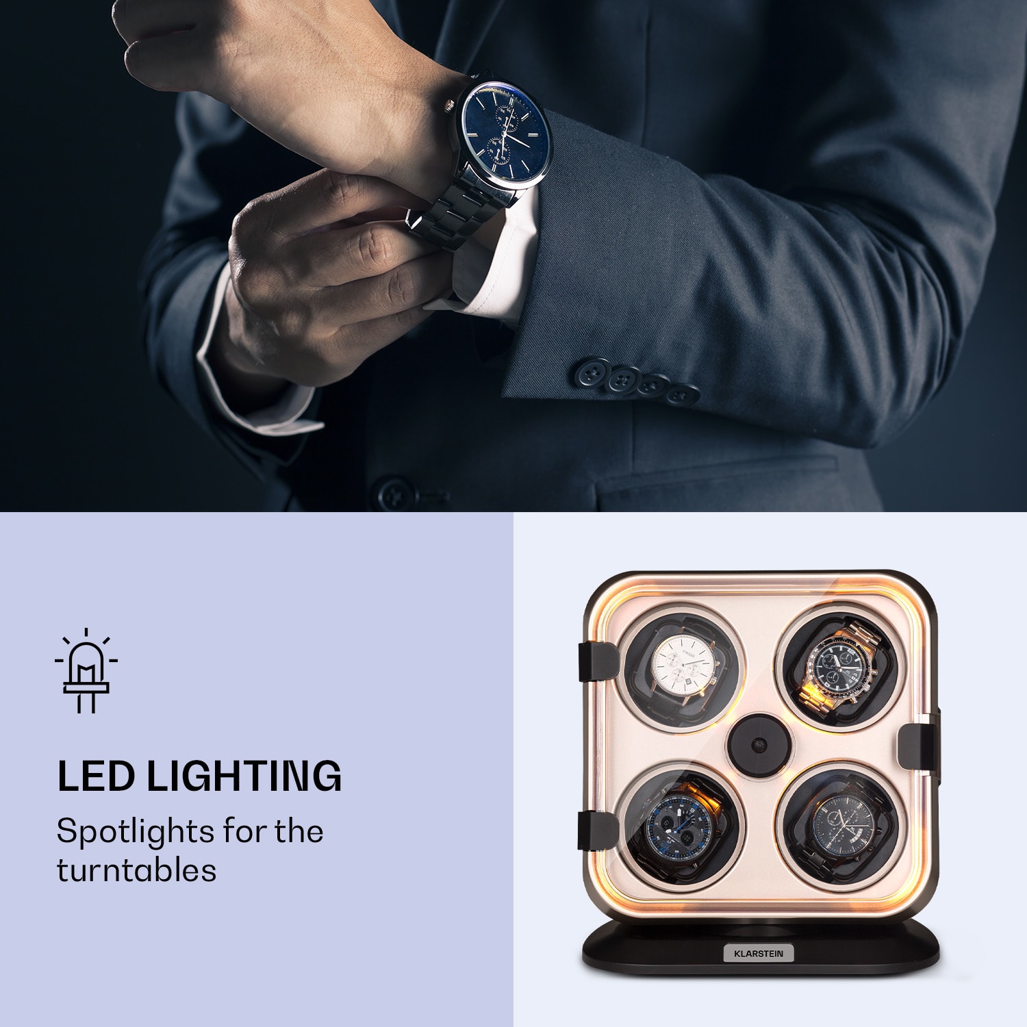 Klarstein Clover, naťahovač na hodinky, 4 hodiniek, 3 otáčania, 4 rýchlosti, modré LED osvetlenie, plastový kryt – Obrázok 2