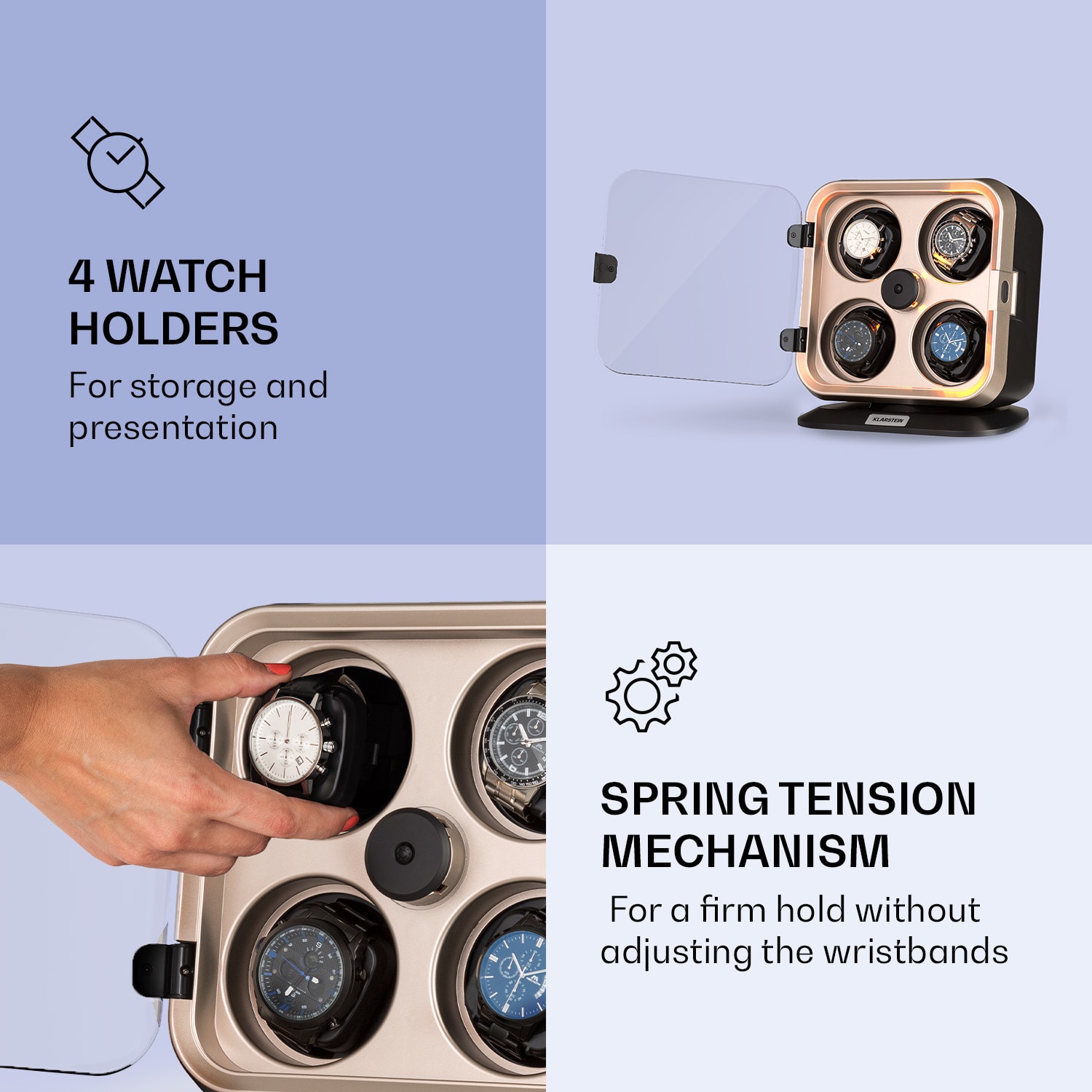 Klarstein Clover, naťahovač na hodinky, 4 hodiniek, 3 otáčania, 4 rýchlosti, modré LED osvetlenie, plastový kryt – Obrázok 3