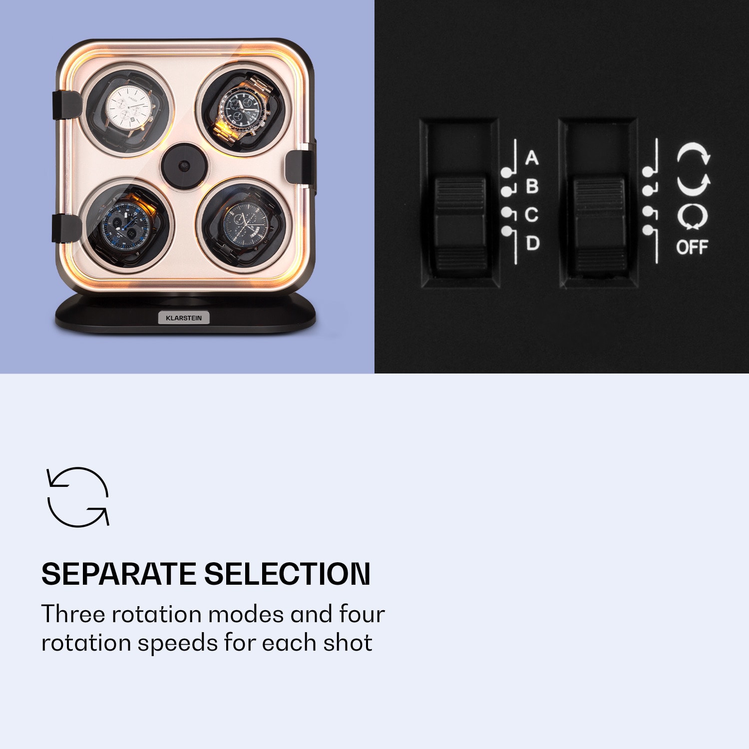 Klarstein Clover, naťahovač na hodinky, 4 hodiniek, 3 otáčania, 4 rýchlosti, modré LED osvetlenie, plastový kryt – Obrázok 4