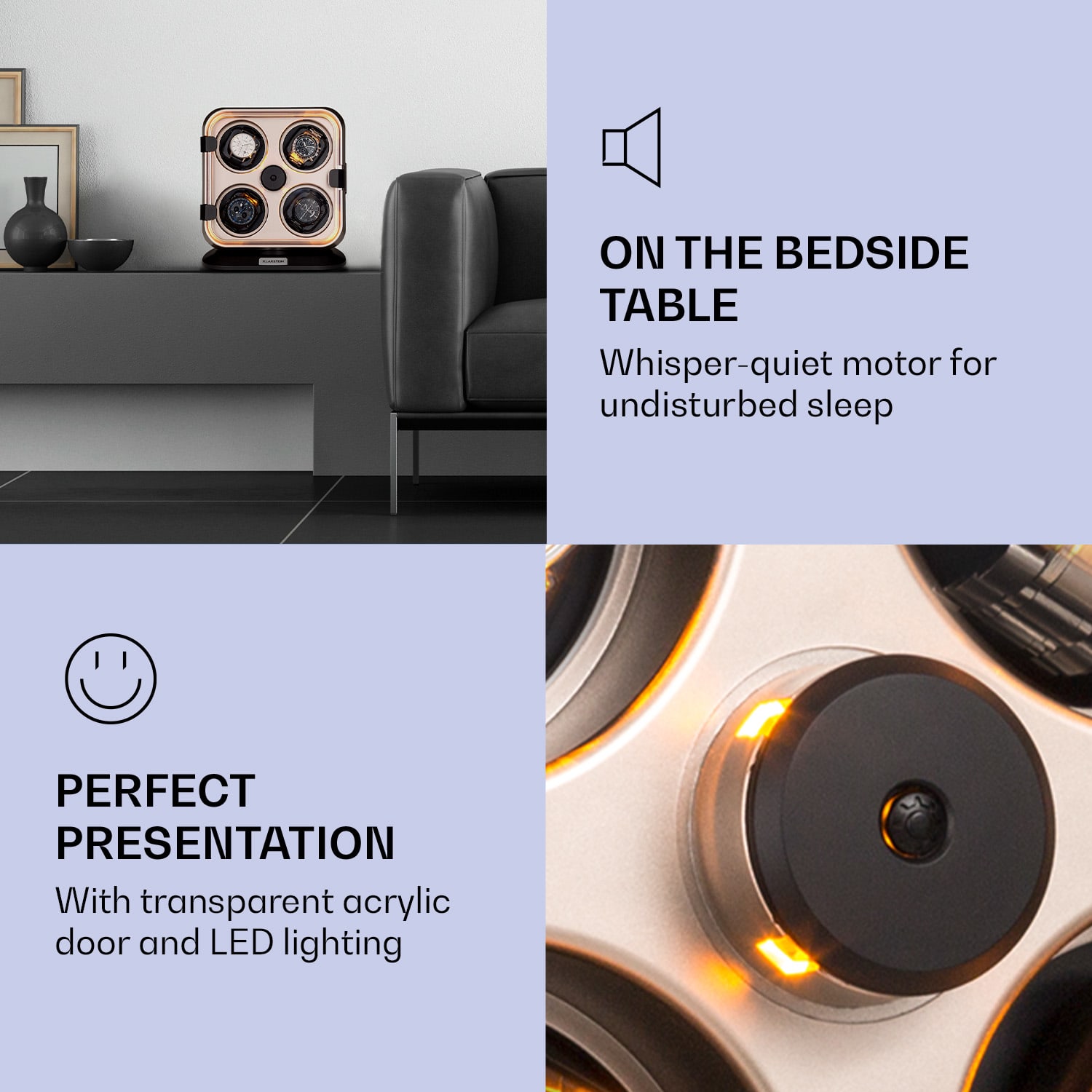 Klarstein Clover, naťahovač na hodinky, 4 hodiniek, 3 otáčania, 4 rýchlosti, modré LED osvetlenie, plastový kryt – Obrázok 5