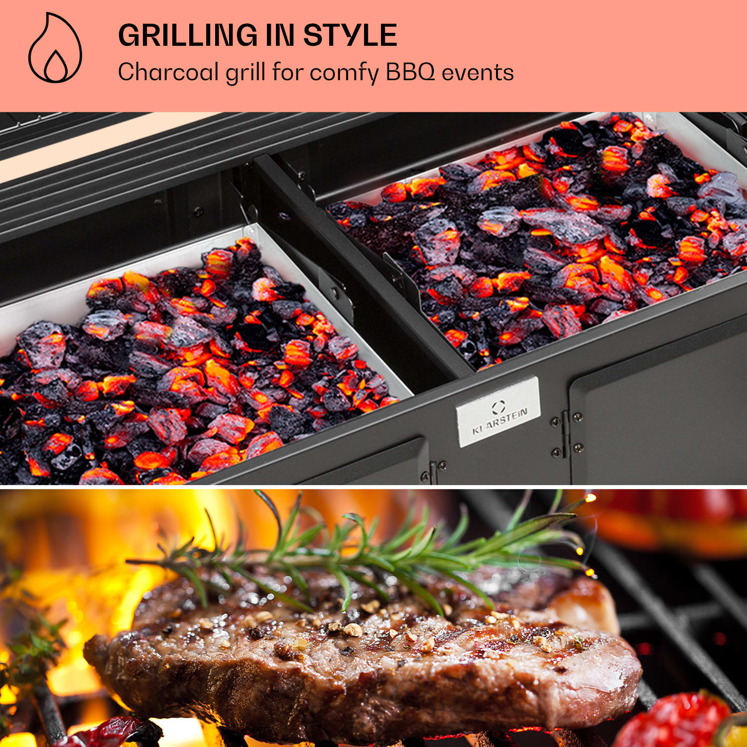 Klarstein Aberdeen Double Charcoal Grill Smoker Teplomer 2 bočné stoly mobilné – Obrázok 3