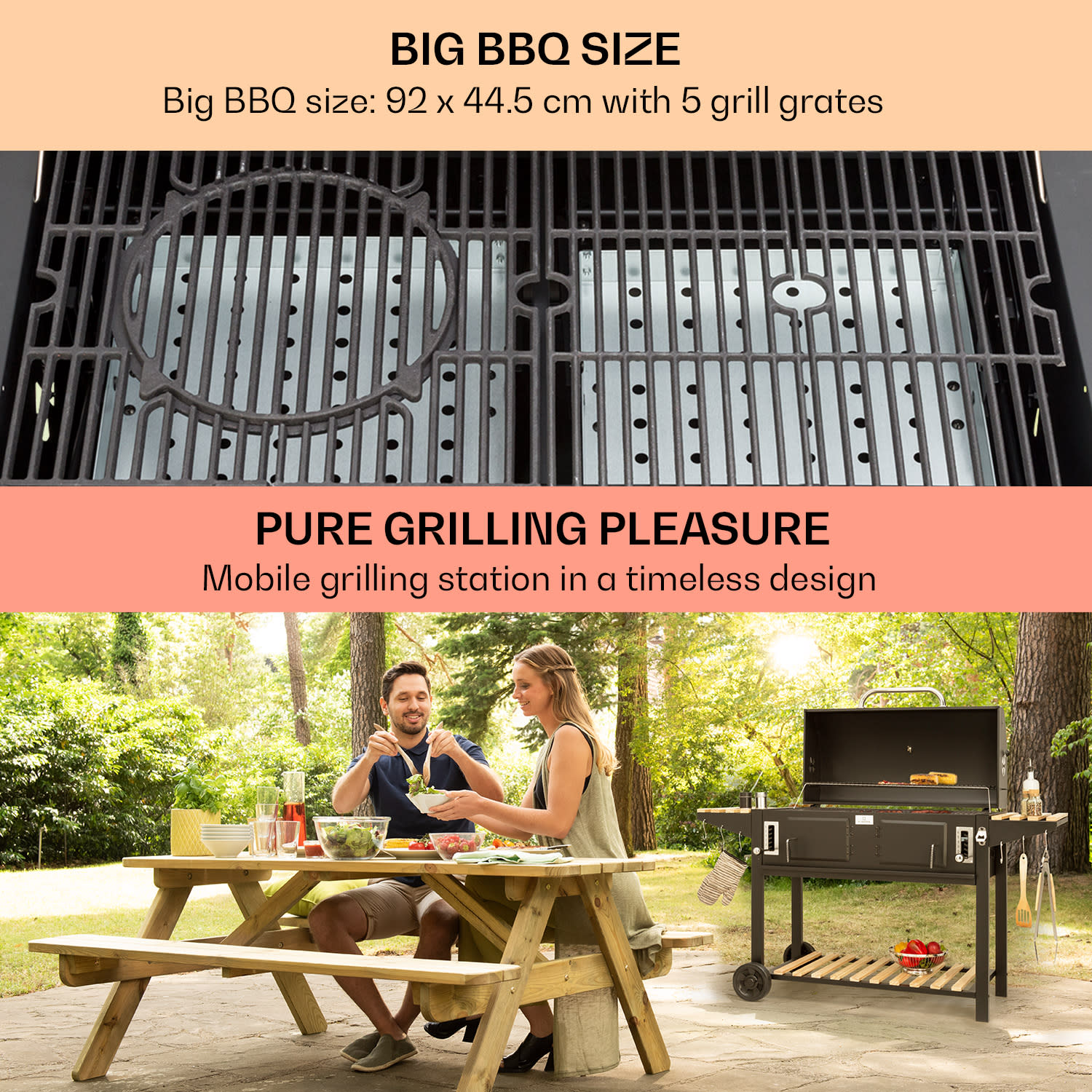 Klarstein Aberdeen Double Charcoal Grill Smoker Teplomer 2 bočné stoly mobilné – Obrázok 4
