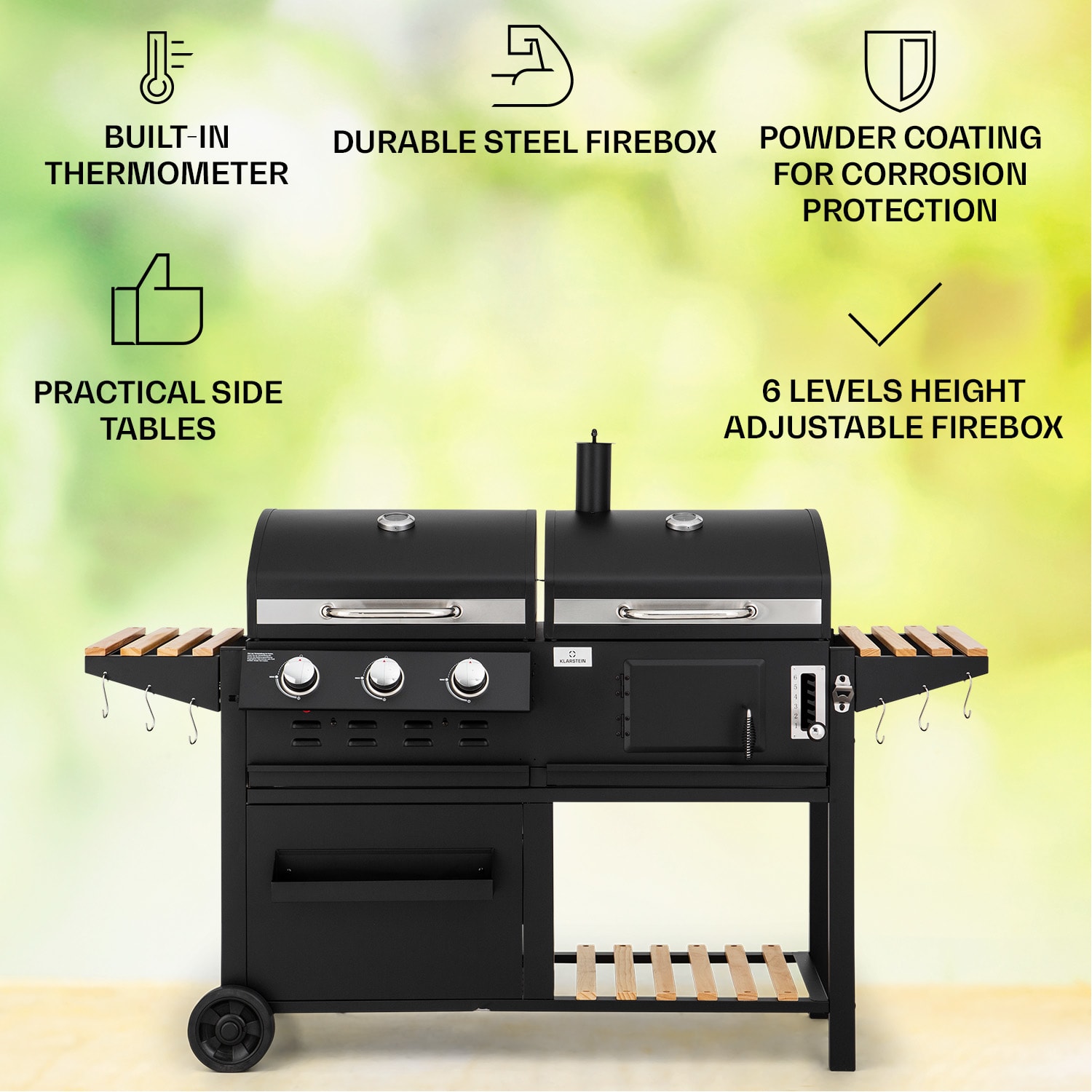 Klarstein Aberdeen, kombinovaný gril, plyn, drevené uhlie, údiareň, teplomer, 2 bočné stolíky, mobilný – Obrázok 2