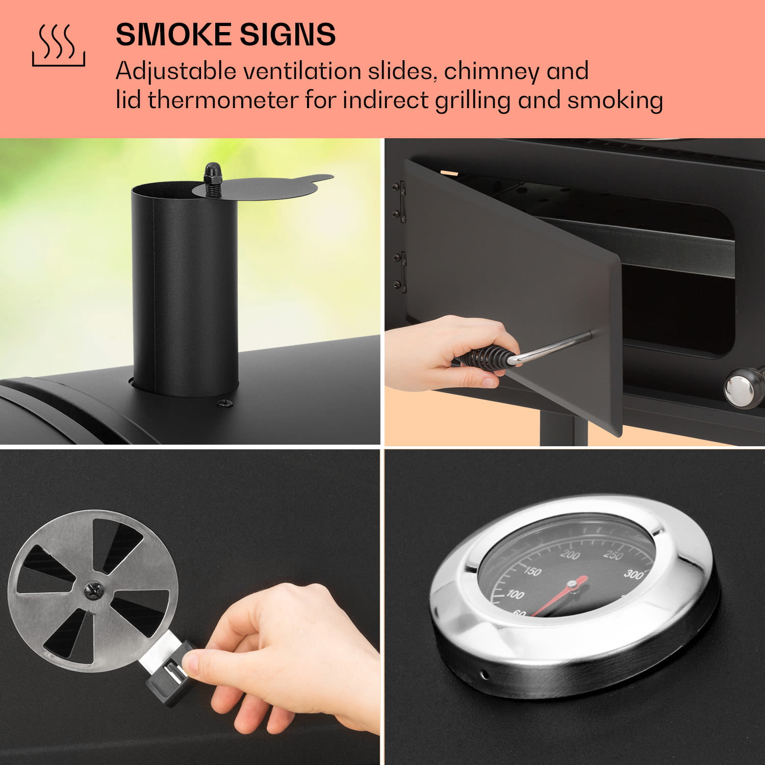 Klarstein Aberdeen, kombinovaný gril, plyn, drevené uhlie, údiareň, teplomer, 2 bočné stolíky, mobilný – Obrázok 5