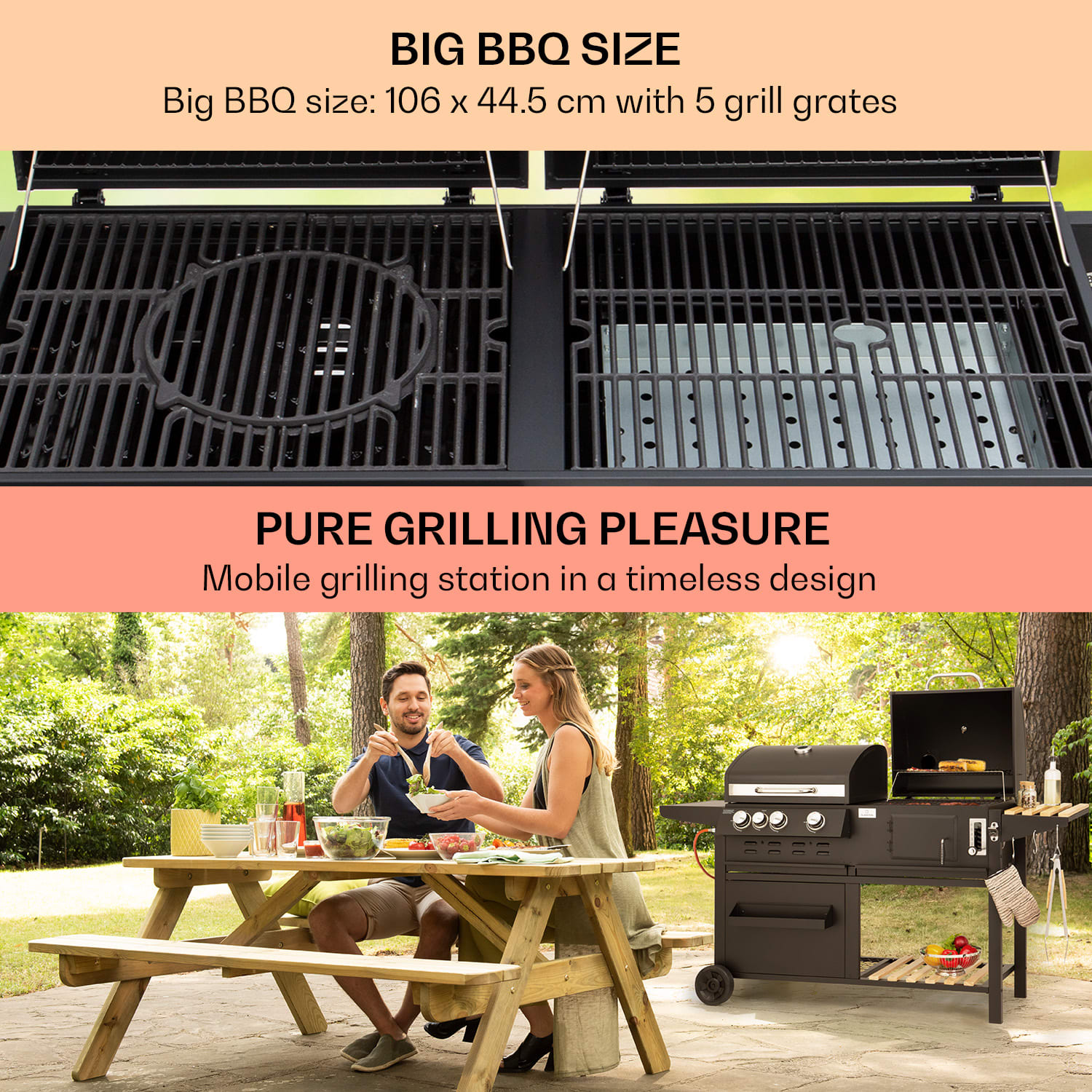 Klarstein Aberdeen, Kombinovaný gril, plyn, drevené uhlie, Údiare,ň Termometer 2 bočné stolíky Mobilný – Obrázok 5