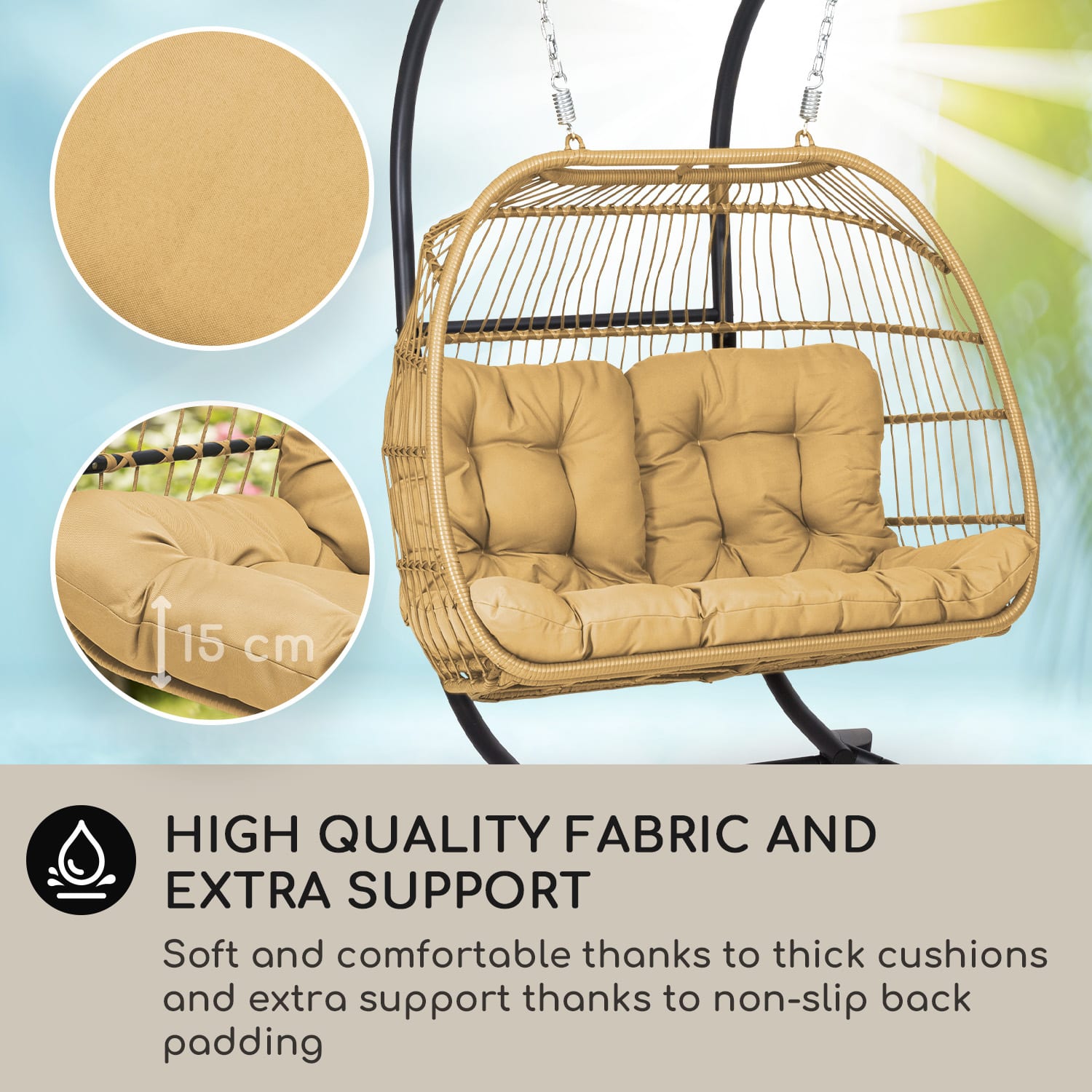 Blumfeldt Biarritz Double, závesné kreslo, dvojmiestne sedadlo, vankúš, polyester, hliník, polyratan, 260 kg – Obrázok 2