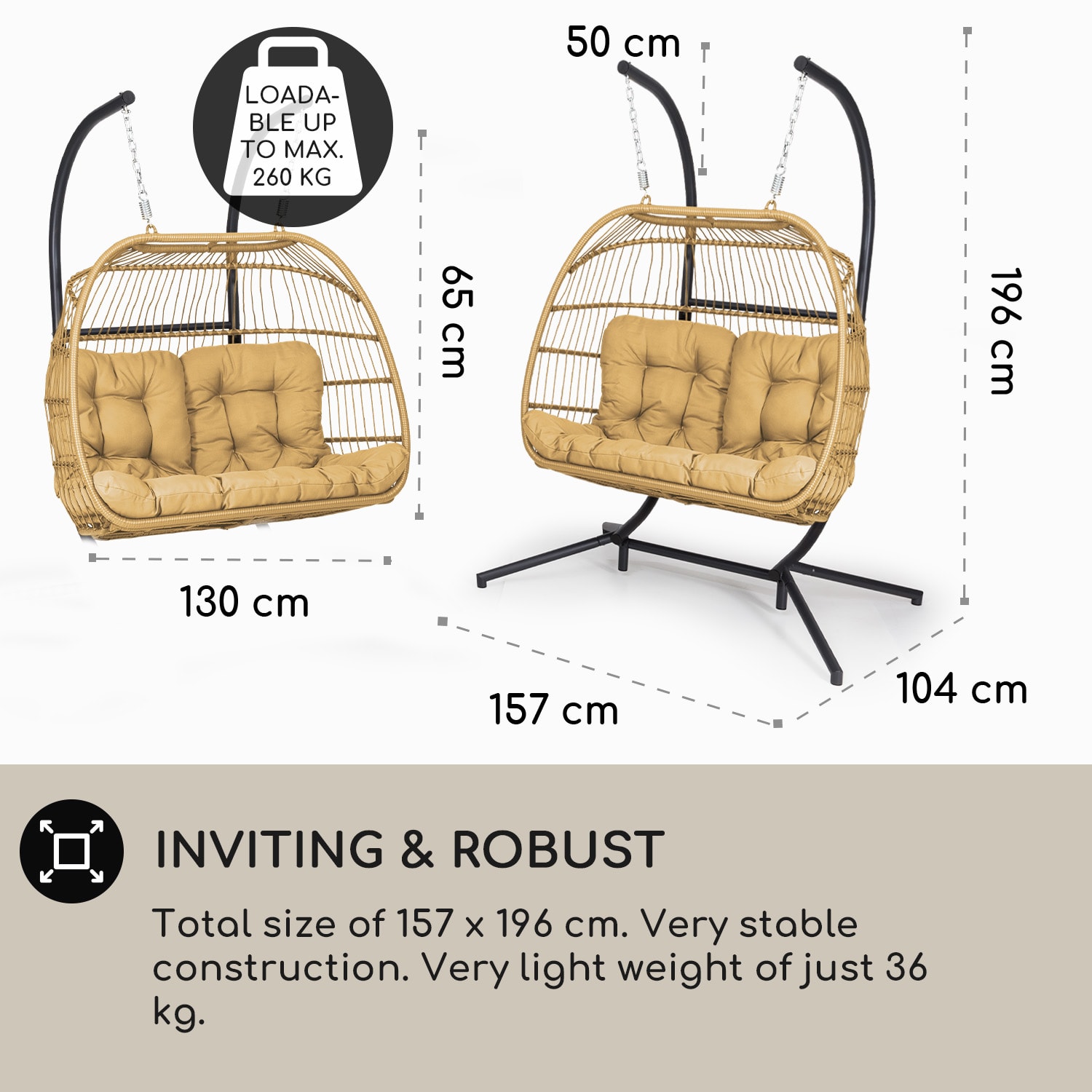 Blumfeldt Biarritz Double, závesné kreslo, dvojmiestne sedadlo, vankúš, polyester, hliník, polyratan, 260 kg – Obrázok 4