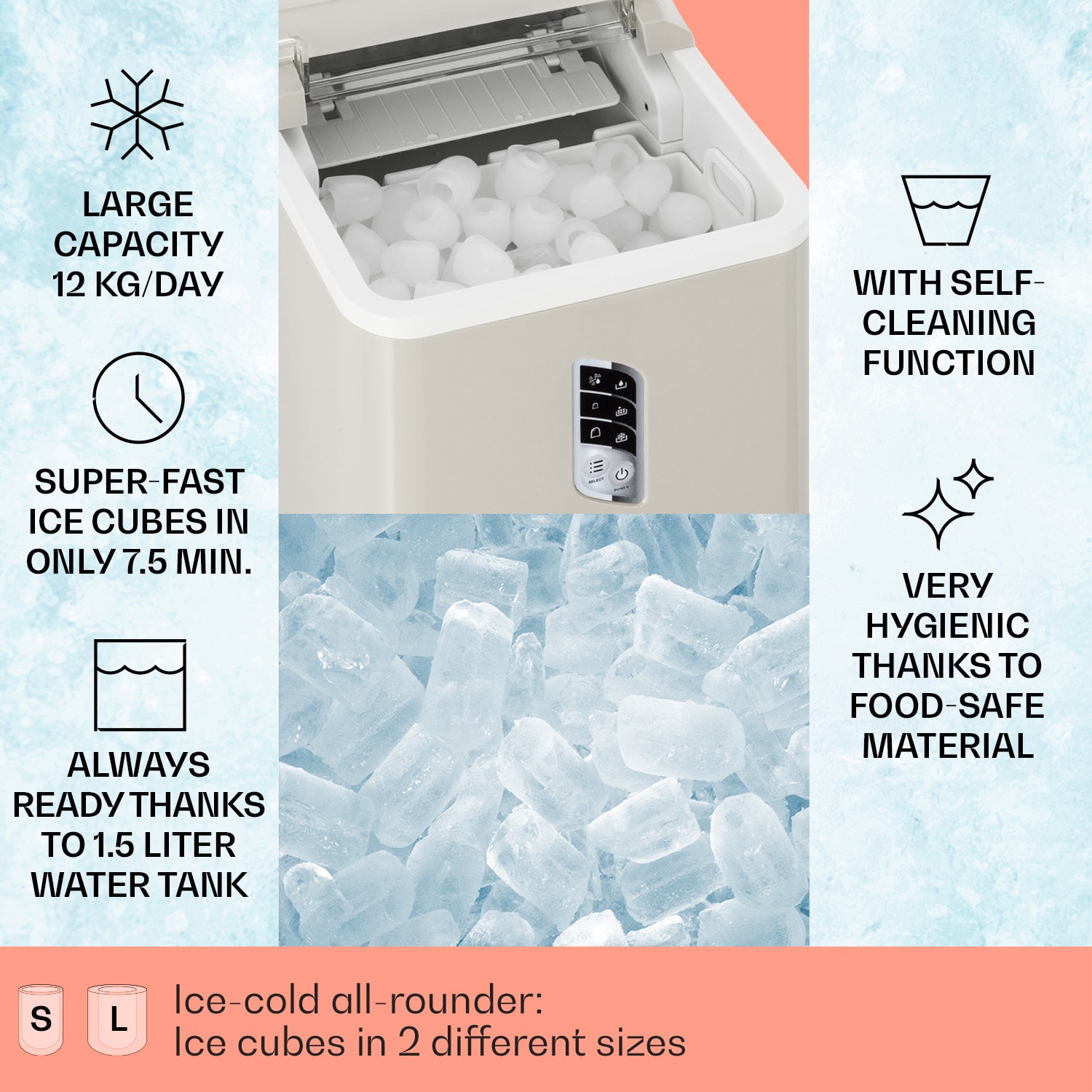 Klarstein Albaron, výrobník ľadu, tvar náboja, 12 kg/24 h, nádrž 1,5 l, displej – Obrázok 2