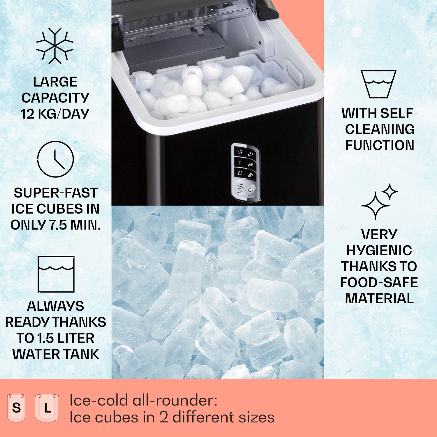 Klarstein Albaron, výrobník ľadu, tvar náboja, 12 kg/24 h, nádrž 1,5 l, displej – Obrázok 2