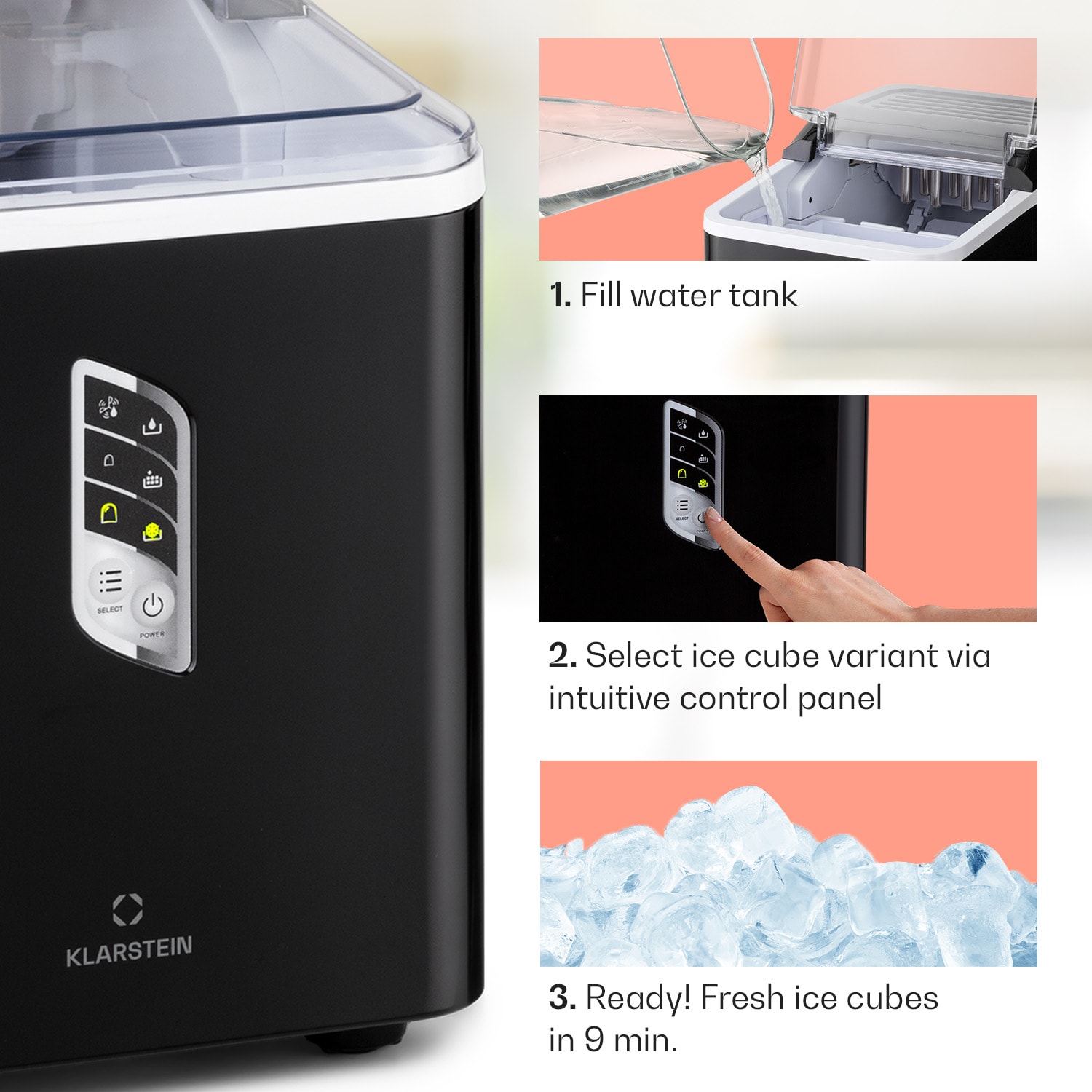 Klarstein Albaron, výrobník ľadu, tvar náboja, 12 kg/24 h, nádrž 1,5 l, displej – Obrázok 4