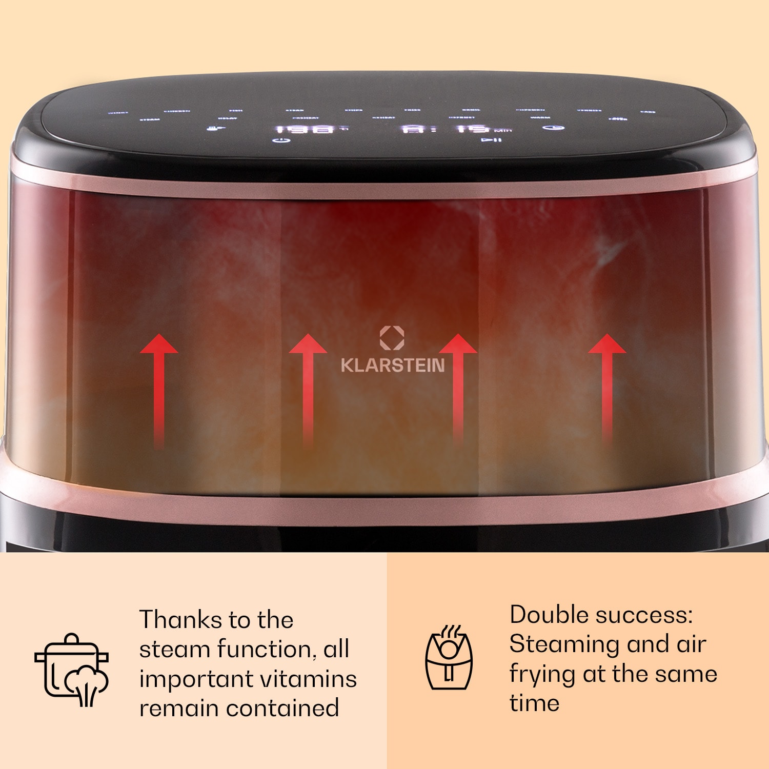 Klarstein Air Bloom, teplovzdušná fritéza, 1500 W, 7,5 l, 16 programov, s funkciou naparovania – Obrázok 2