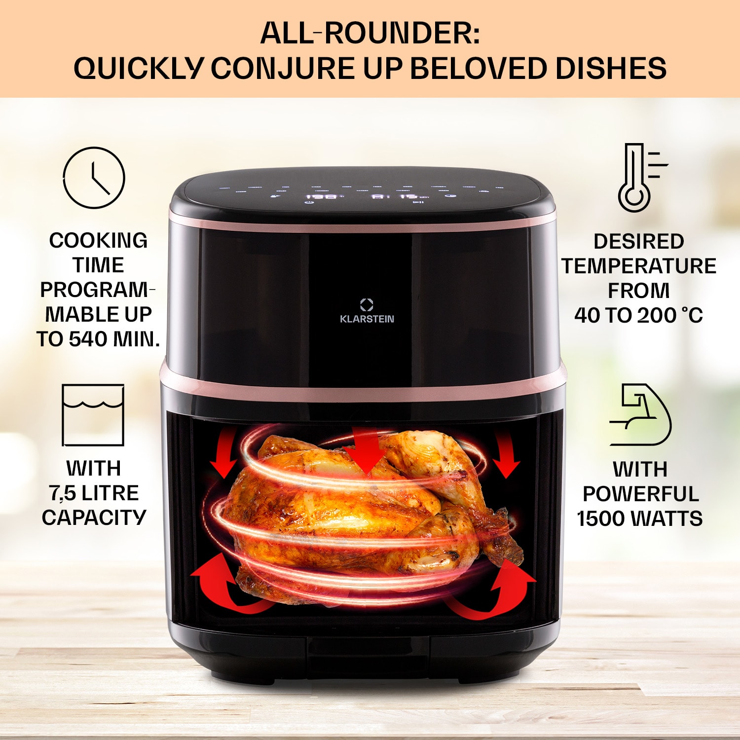 Klarstein Air Bloom, teplovzdušná fritéza, 1500 W, 7,5 l, 16 programov, s funkciou naparovania – Obrázok 3