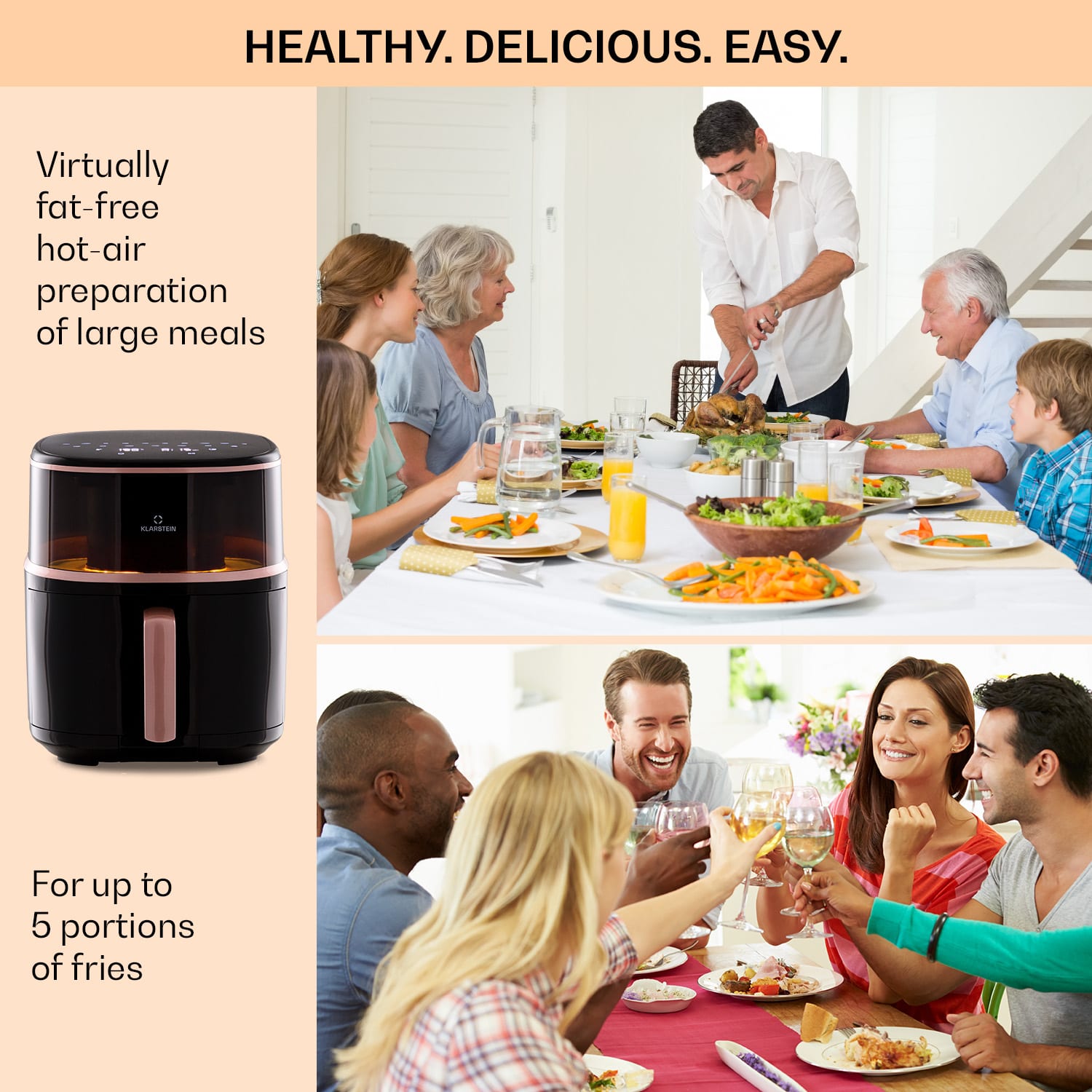 Klarstein Air Bloom, teplovzdušná fritéza, 1500 W, 7,5 l, 16 programov, s funkciou naparovania – Obrázok 4