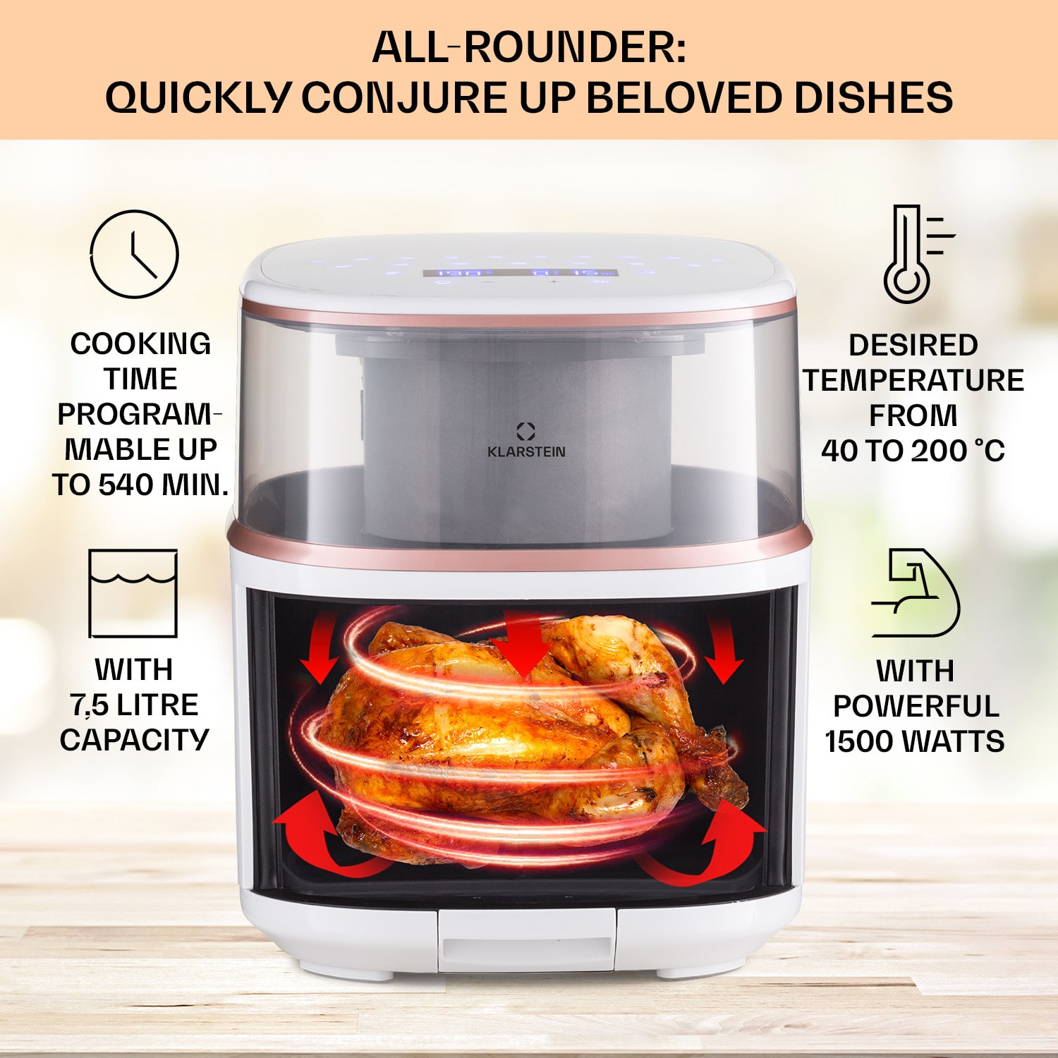 Klarstein Air Bloom, teplovzdušná fritéza, 1500 W, 7,5 l, 16 programov, s funkciou naparovania – Obrázok 3