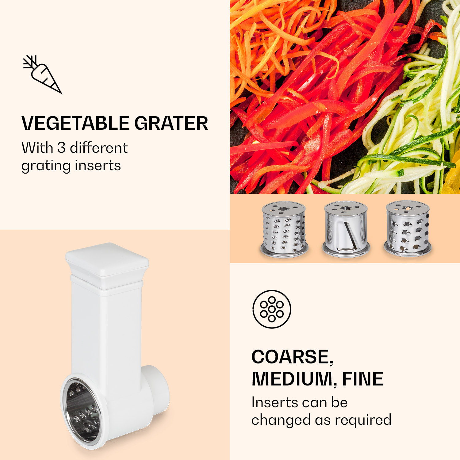 Klarstein Renata, nadstavce na strúhanie a šalát, príslušenstvo, hrubé, stredne hrubé, jemné – Obrázok 2