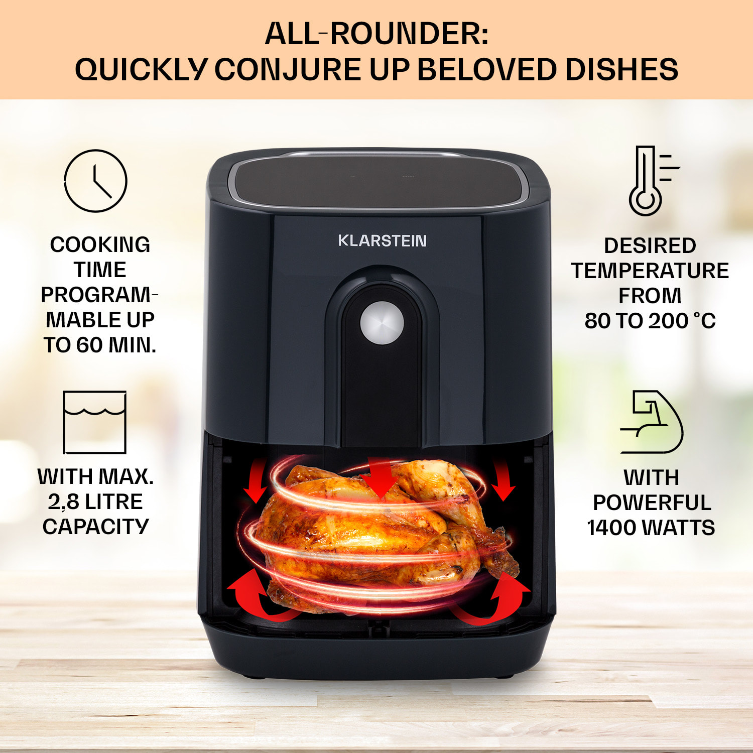 Klarstein Crisp-Pro, teplovzdušná fritéza, 1400 W, 2,8 l, 8 programov, časovač, nehrdzavejúca oceľ – Obrázok 2