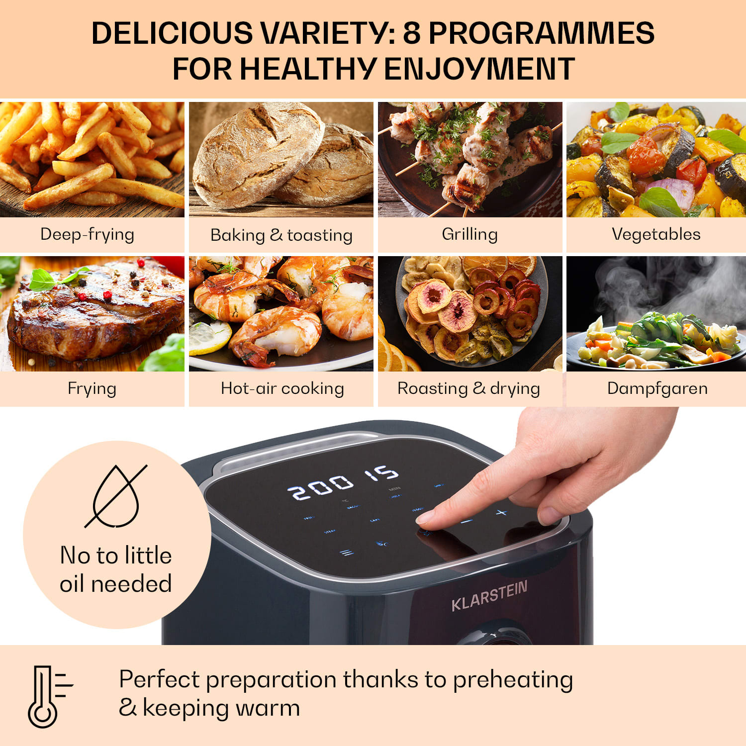 Klarstein Crisp-Pro, teplovzdušná fritéza, 1400 W, 2,8 l, 8 programov, časovač, nehrdzavejúca oceľ – Obrázok 3