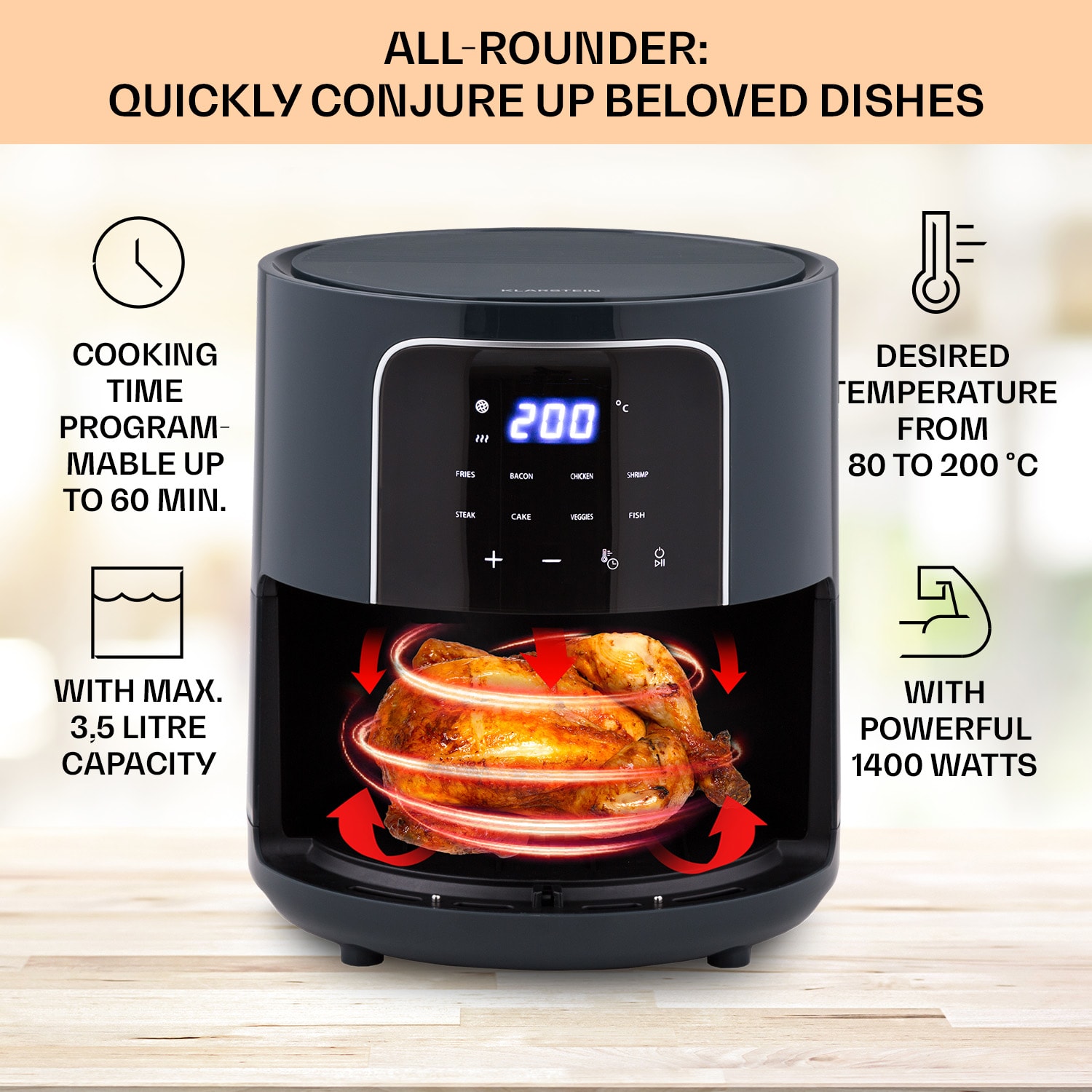 Klarstein Crisp-Pro, teplovzdušná fritéza, 1400 W, 3,5 l, 8 programov, časovač – Obrázok 2