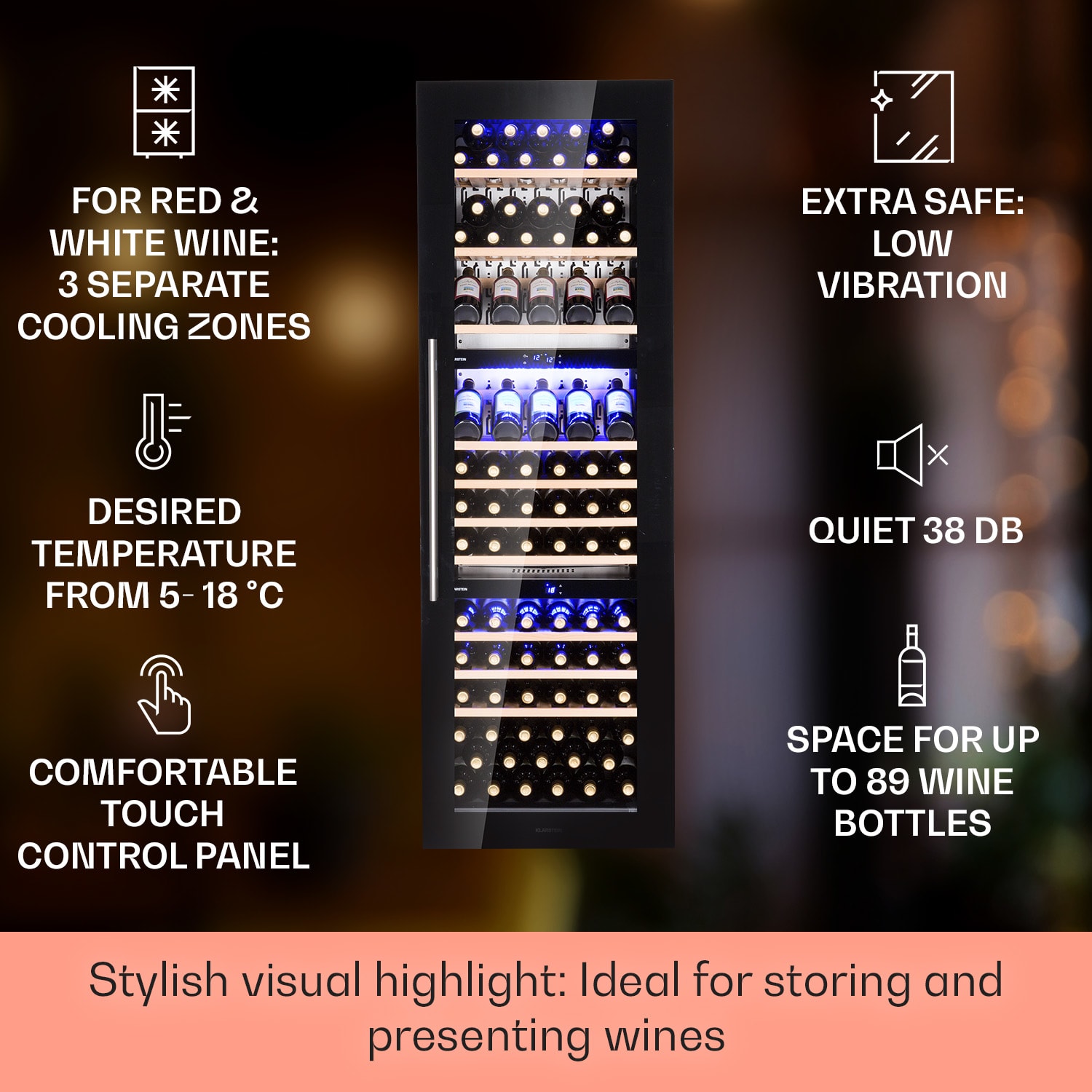 Klarstein Vinsider 89 Trio, vstavaná vinotéka, 5-18°C, dotykový ovládací panel, drevené police – Obrázok 2