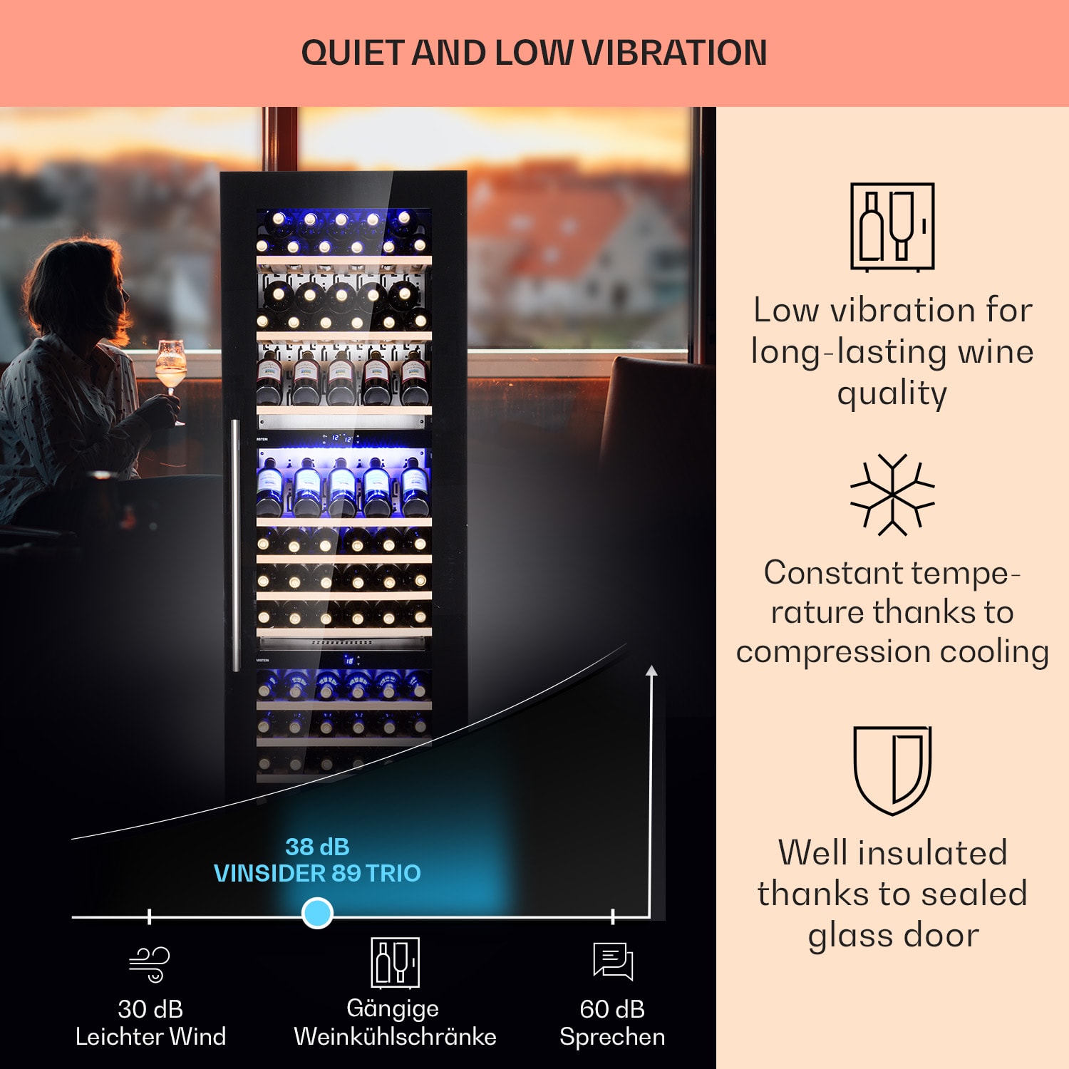 Klarstein Vinsider 89 Trio, vstavaná vinotéka, 5-18°C, dotykový ovládací panel, drevené police – Obrázok 4