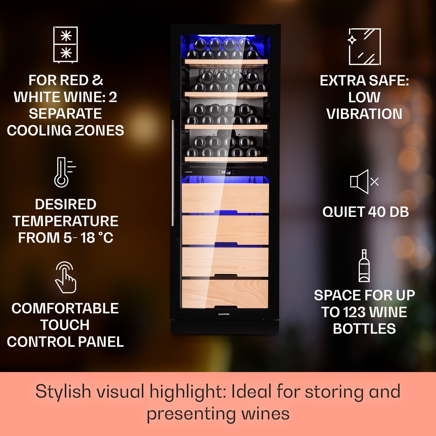 Klarstein Barossa 123 Duo, vinotéka, 226 l, 123 fliaš, 2 zóny, dotykové ovládanie – Obrázok 2