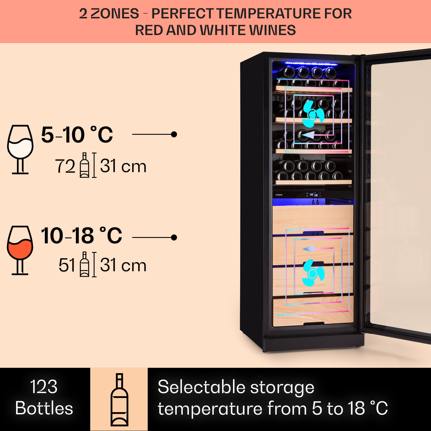 Klarstein Barossa 123 Duo, vinotéka, 226 l, 123 fliaš, 2 zóny, dotykové ovládanie – Obrázok 3