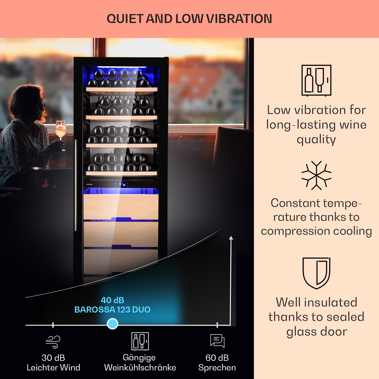 Klarstein Barossa 123 Duo, vinotéka, 226 l, 123 fliaš, 2 zóny, dotykové ovládanie – Obrázok 4