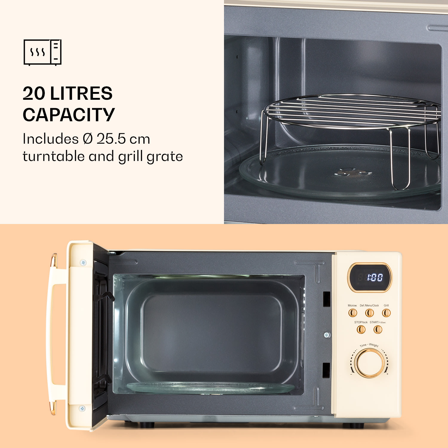 Klarstein Julieta, mikrovlnná rúra s grilom, 20 l, 700/800 W, Ø 25,5 cm, 8 programov – Obrázok 4
