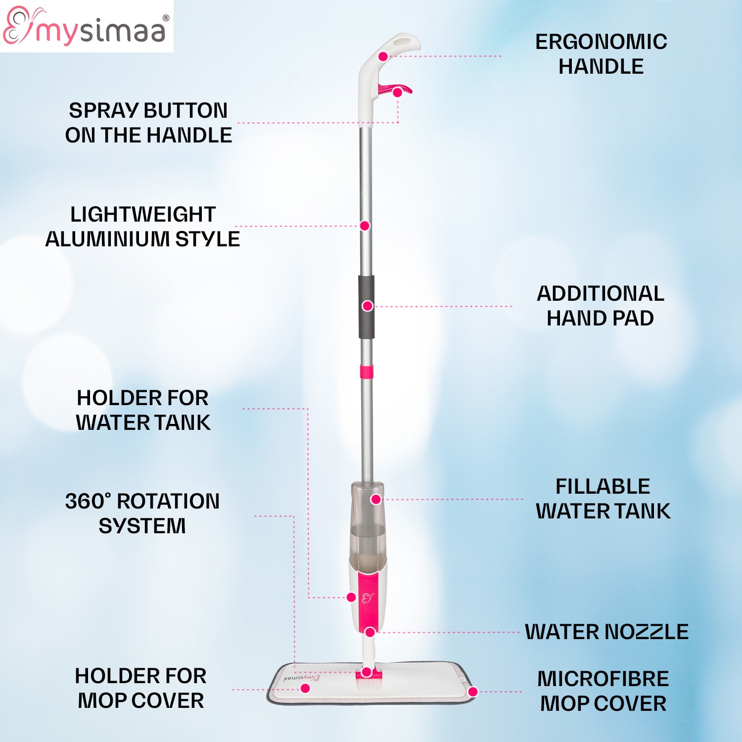 MySimaa by blumfeldt Profesionálny mop s nádržkou na vodu, Glisten Spray Mop – Obrázok 4