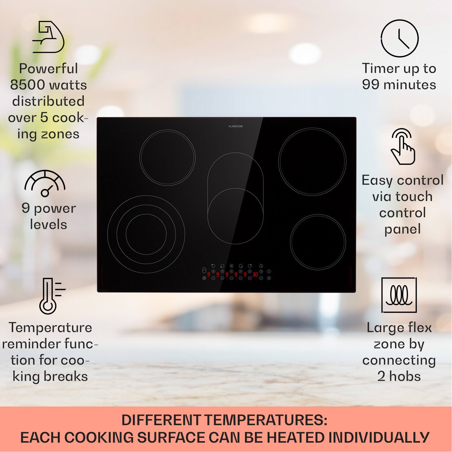 Klarstein Virtuosa 5, vstavaná varná doska, 5 zón, 8500W, sklokeramika – Obrázok 2