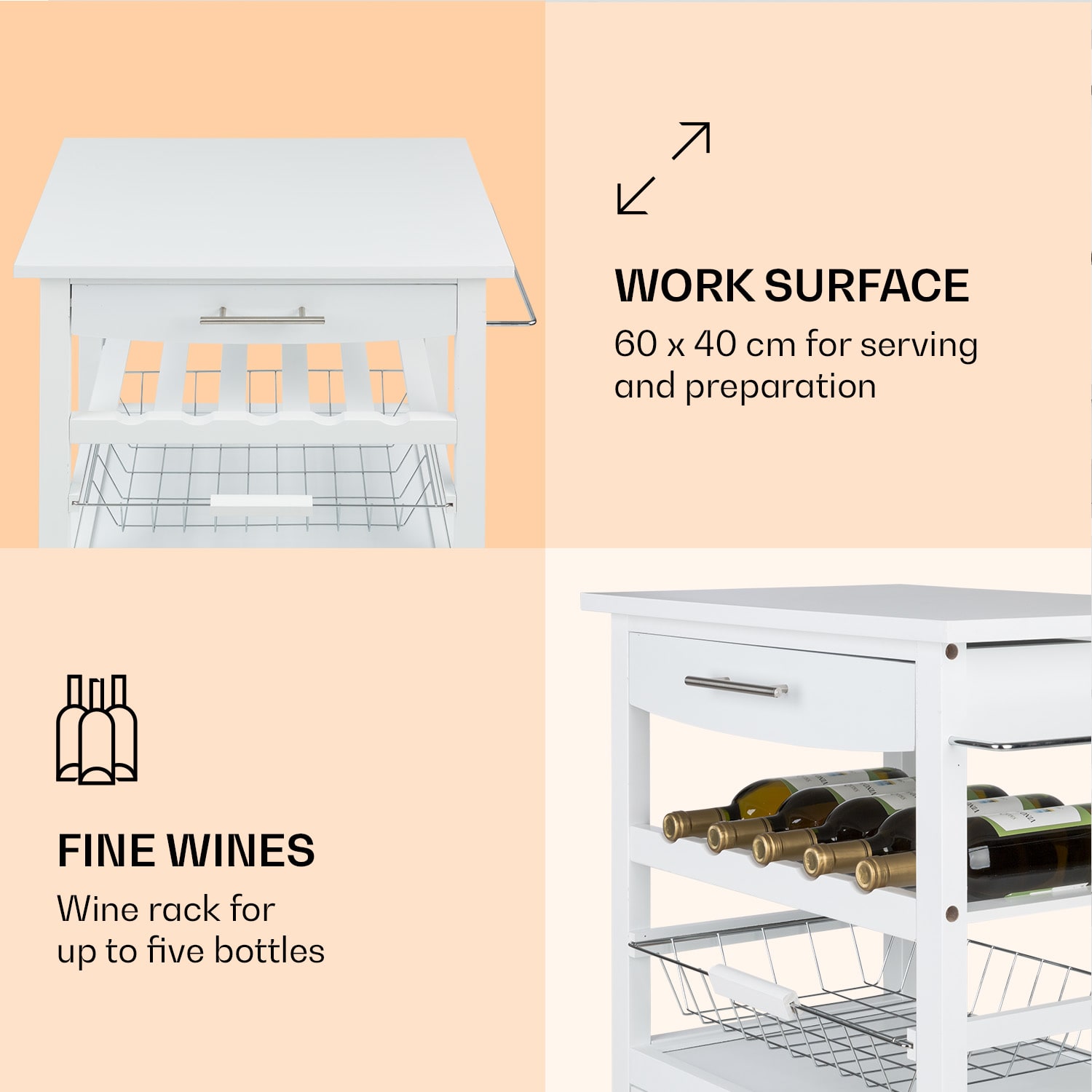 Klarstein Louisiana, servírovací vozík, kuchynský vozík, 5 poschodí, drevený držiak na utierky, mobilný – Obrázok 3