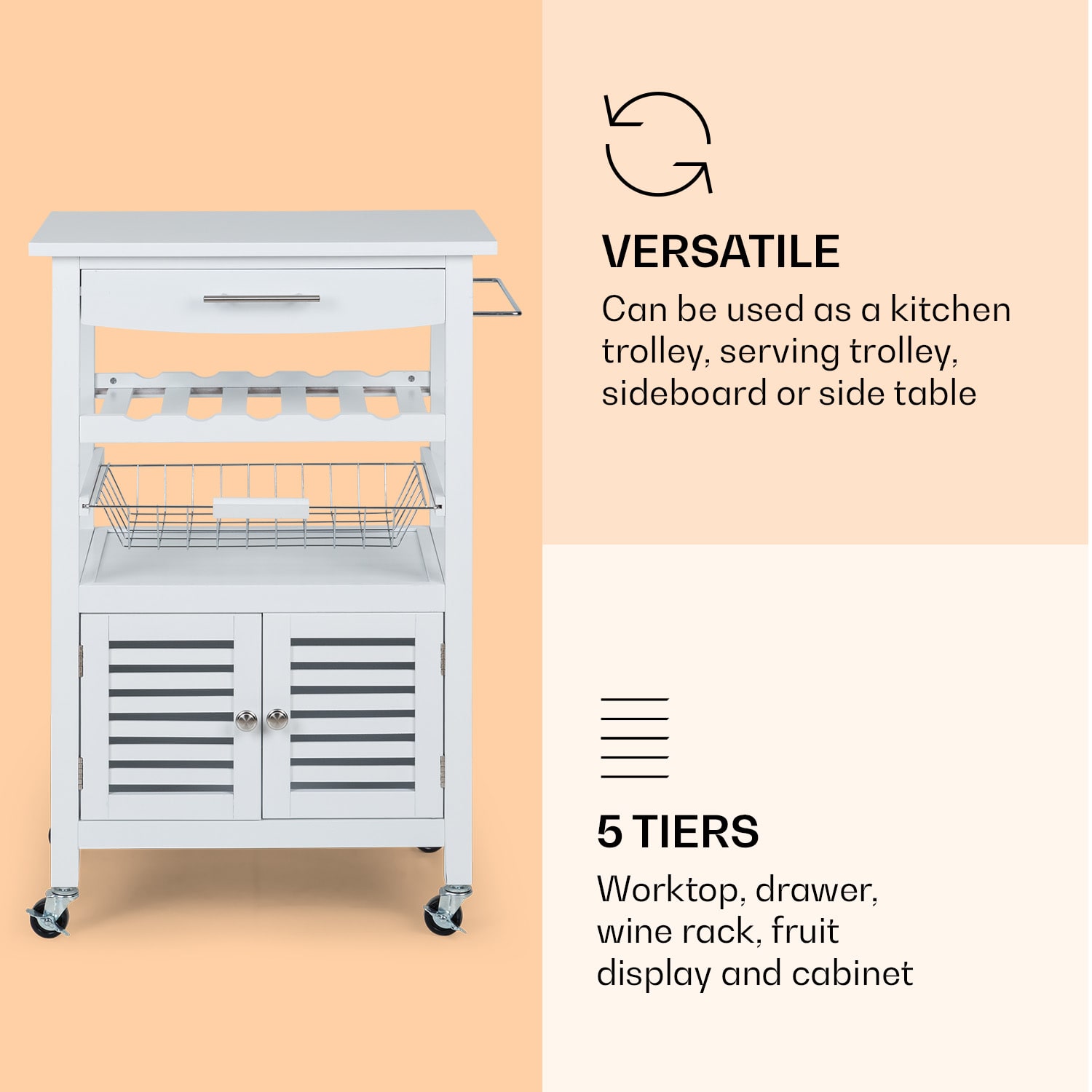 Klarstein Louisiana, servírovací vozík, kuchynský vozík, 5 poschodí, drevený držiak na utierky, mobilný – Obrázok 4