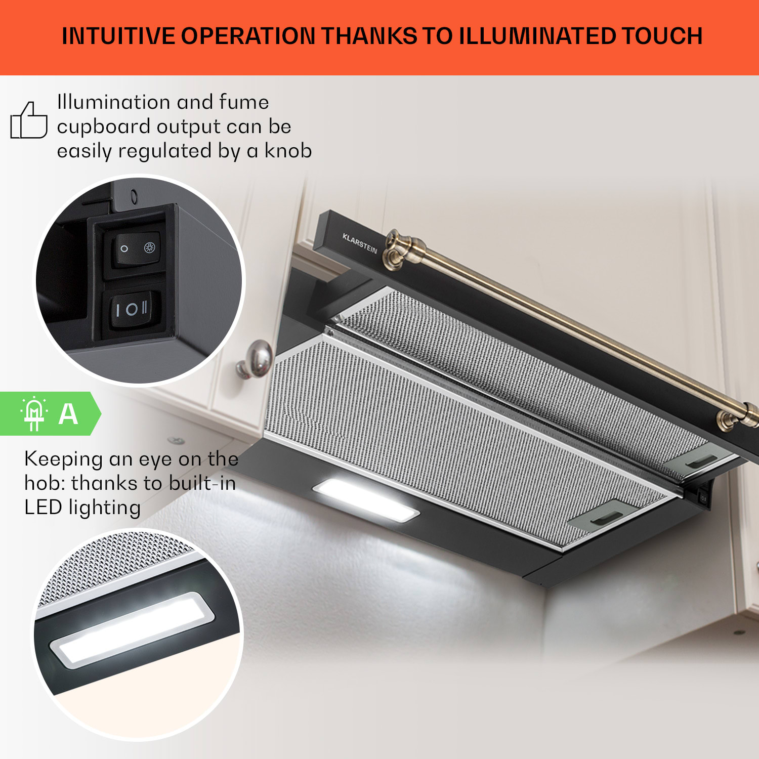 Klarstein Vilhelmine 60 Retro, digestor, 60 cm, vstavaný, 332 m³/h, B, LED, čierny – Obrázok 4