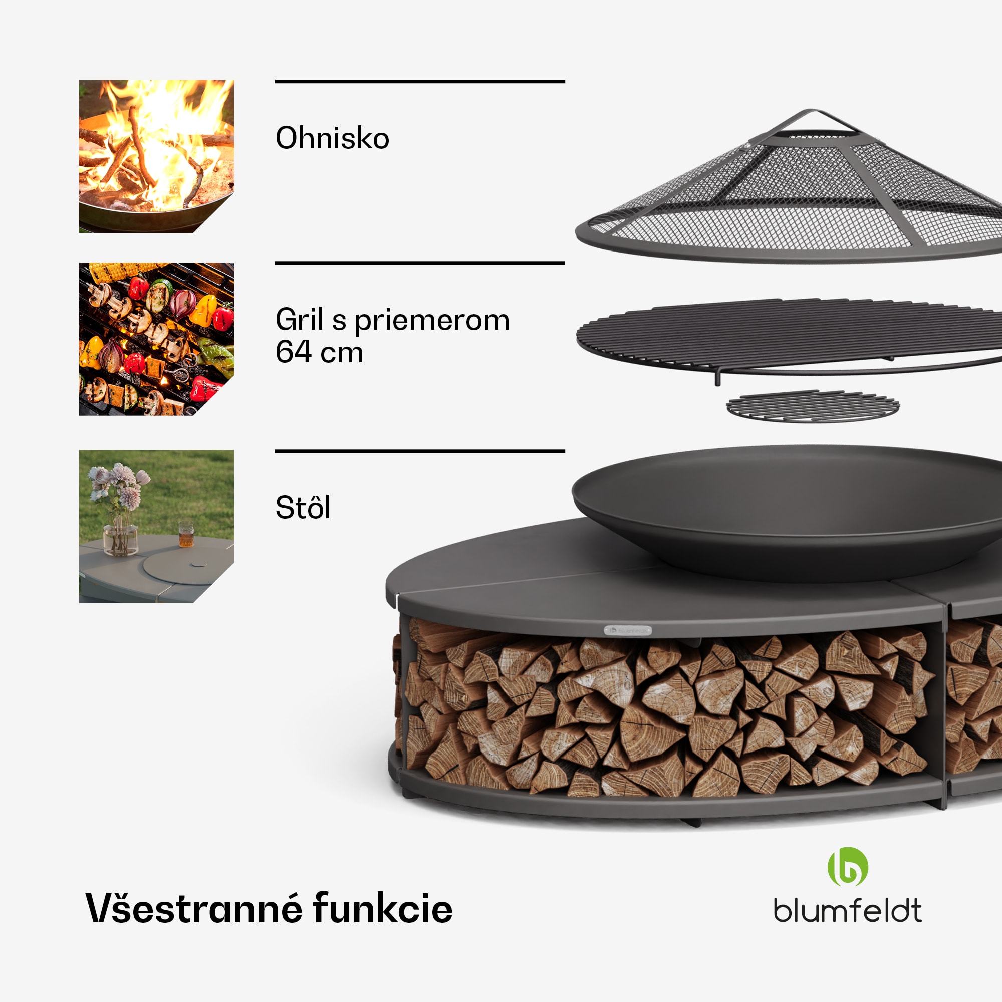 Blumfeldt Firebowl Ebeko 3 v 1, možno použiť ako gril alebo stôl, grilovací rošt + ochrana proti iskrám – Obrázok 3