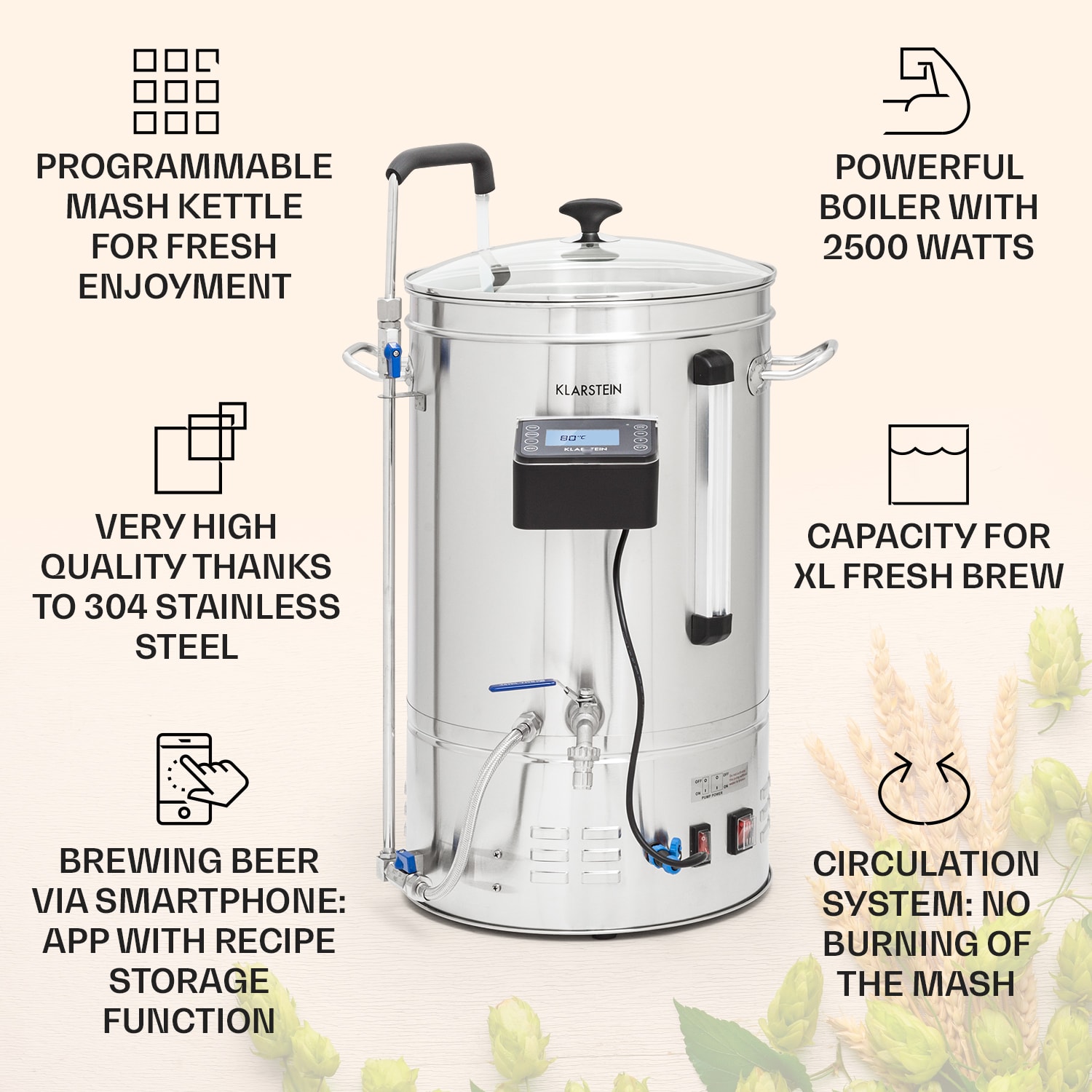 Klarstein Brauheld Smart 35, sladový kotol, 35 l, 2500 W, 100 °C, obehové čerpadlo, nehrdzavejúca oceľ – Obrázok 3