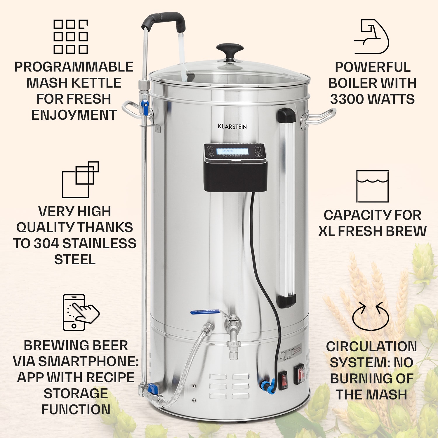 Klarstein Brauheld Smart 45, rmutovací kotol, 45 l, 2500 W, 100 °C, obehové čerpadlo, nehrdzavejúca oceľ – Obrázok 3