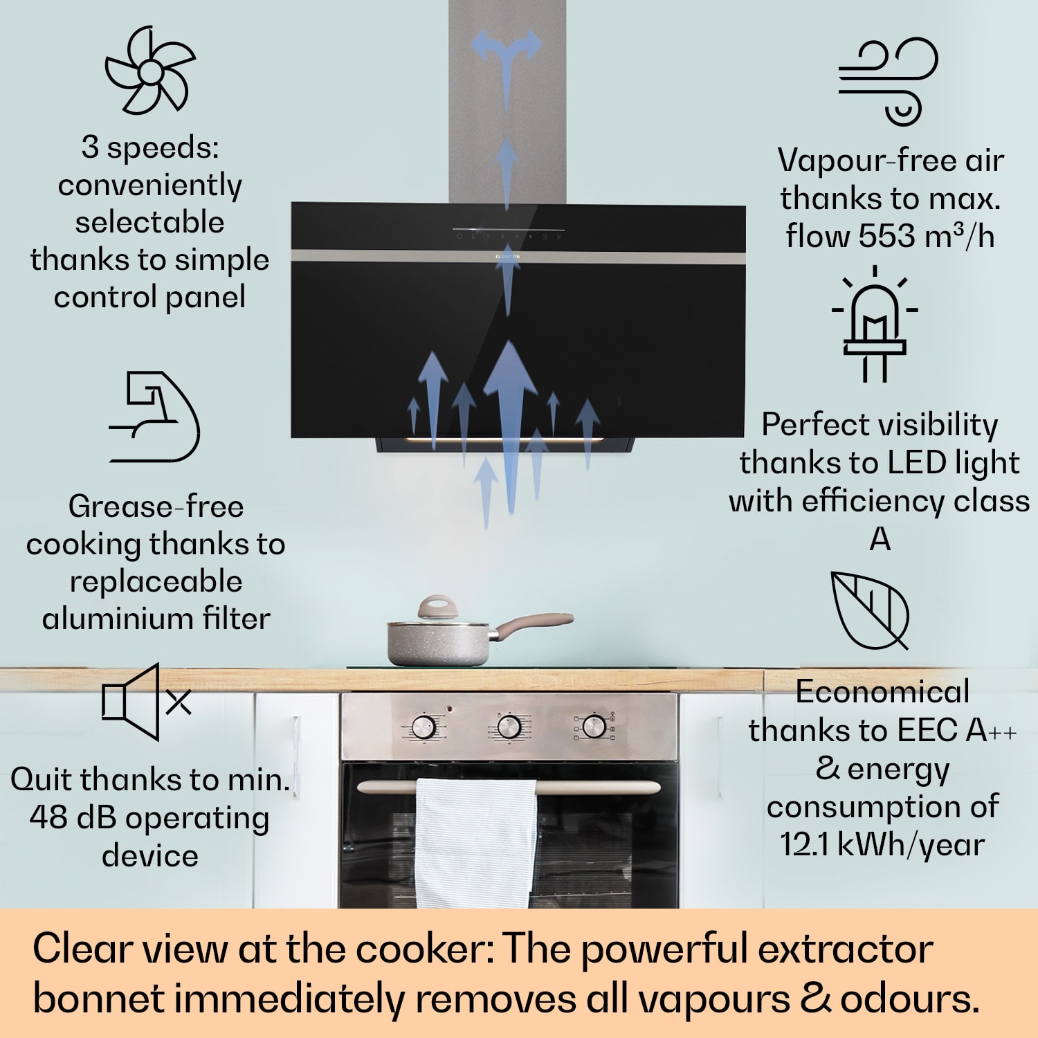 Klarstein Ava 90 Smart, digestor, 90 cm, nástenný, WiFi, A++, 515 m³/h, dotykový displej – Obrázok 2