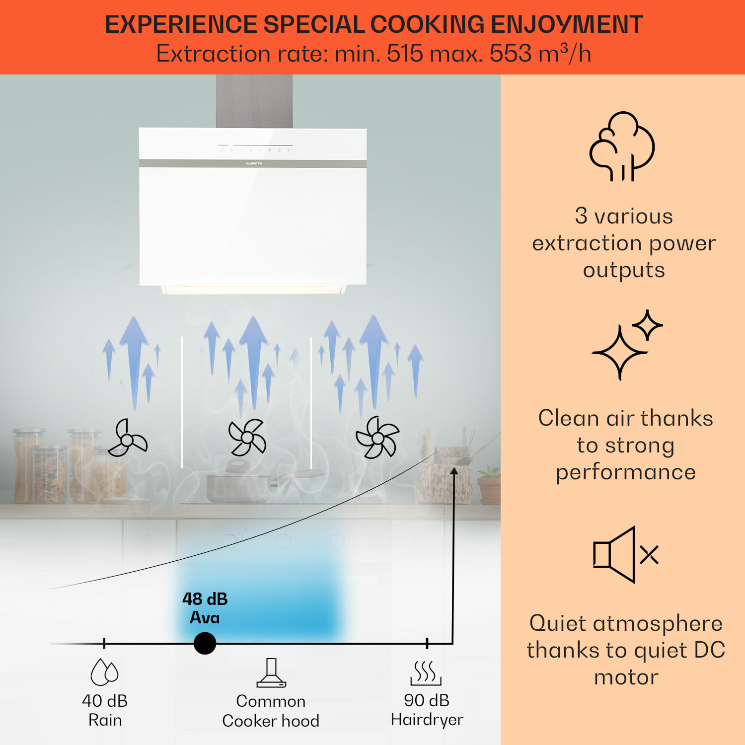 Klarstein Ava 60 Smart, digestor, 60cm, nástenný, WiFi, A++, 515 m³/h, dotykový displej – Obrázok 3