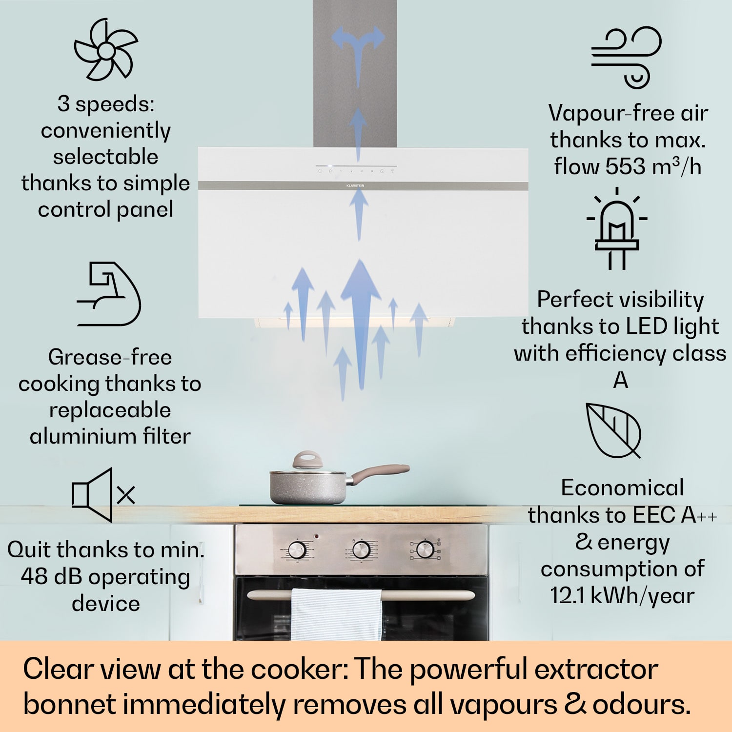 Klarstein Ava 90 Smart, digestor, 90 cm, nástenný, WiFi, A++, 515 m³/h, dotykový displej – Obrázok 2