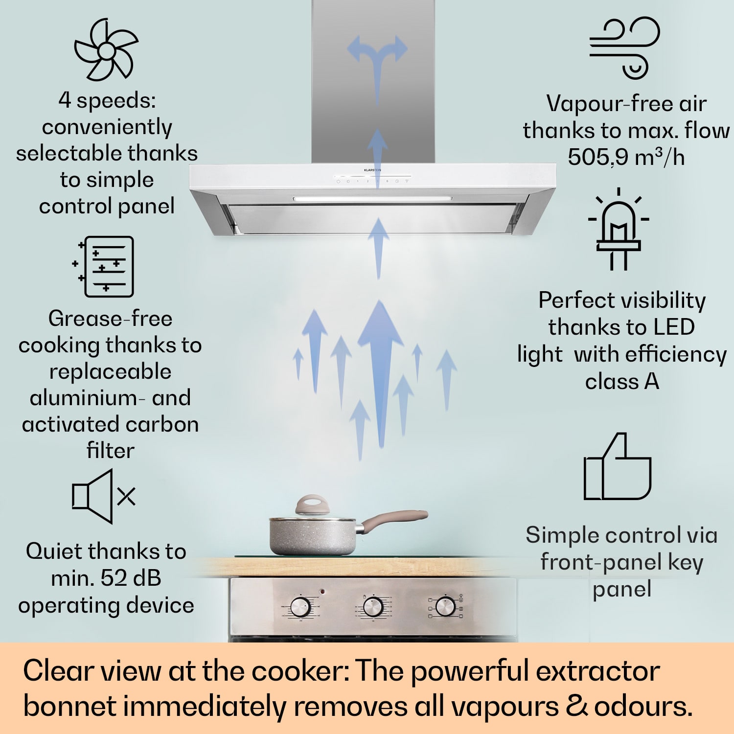Klarstein Alinea 90 Smart, digestor, 90 cm, nástenný, WiFi, A++, 500 m³/h, dotykový displej – Obrázok 2