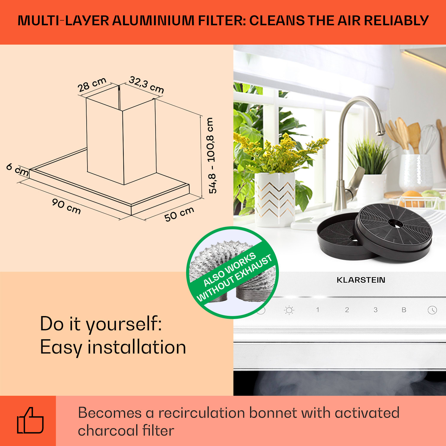 Klarstein Alinea 90 Smart, digestor, 90 cm, nástenný, WiFi, A++, 500 m³/h, dotykový displej – Obrázok 5