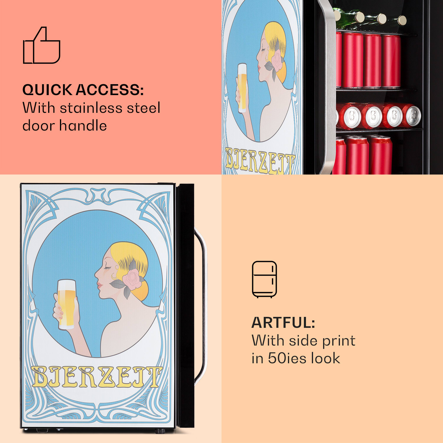 Klarstein Beersafe 70 Bierzeit Edition, chladnička, 70 l, 3 police, panoramatické sklenené dvere, nehrdzavejúca oceľ – Obrázok 4