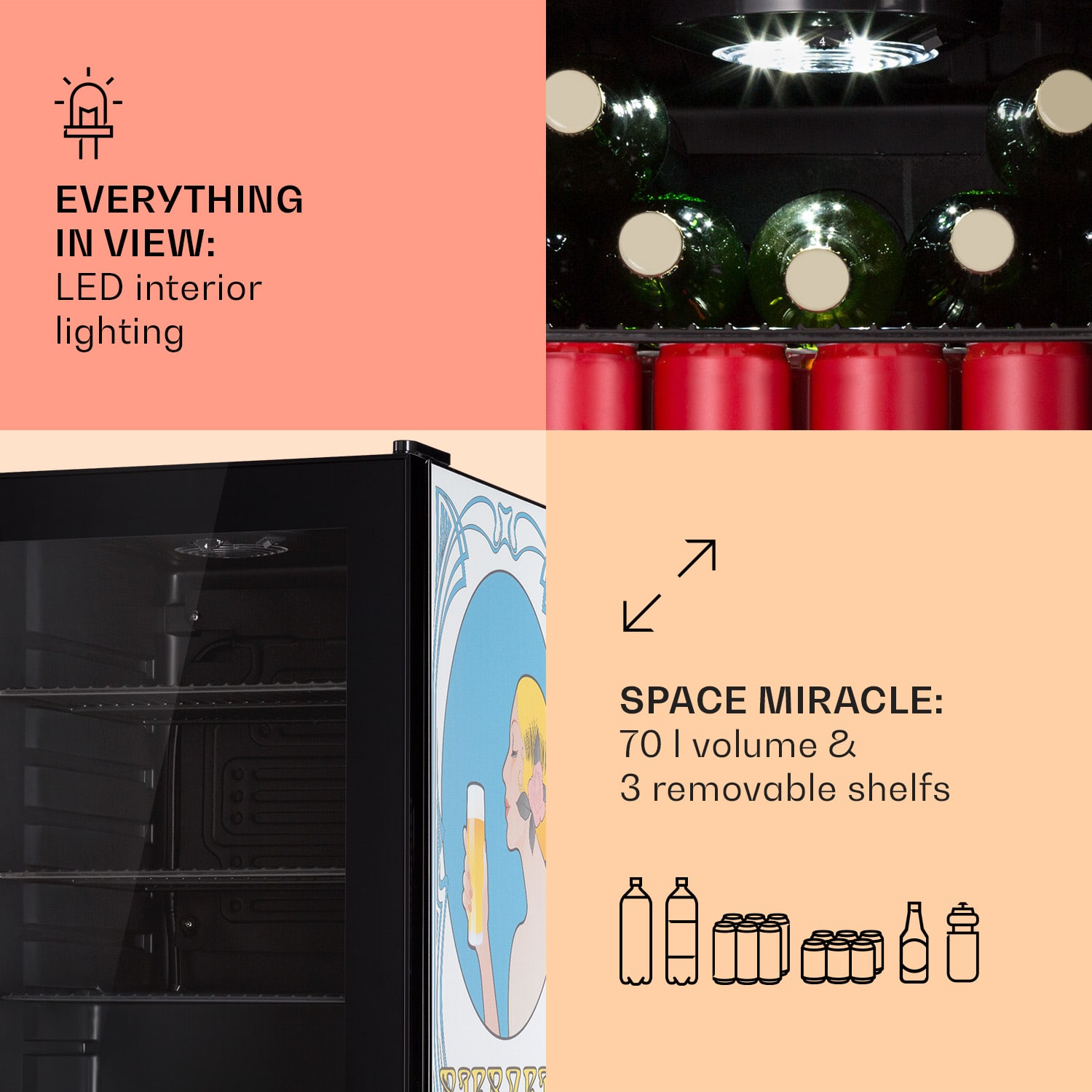 Klarstein Beersafe 70 Bierzeit Edition, chladnička, 70 l, 3 police, panoramatické sklenené dvere, nehrdzavejúca oceľ – Obrázok 5