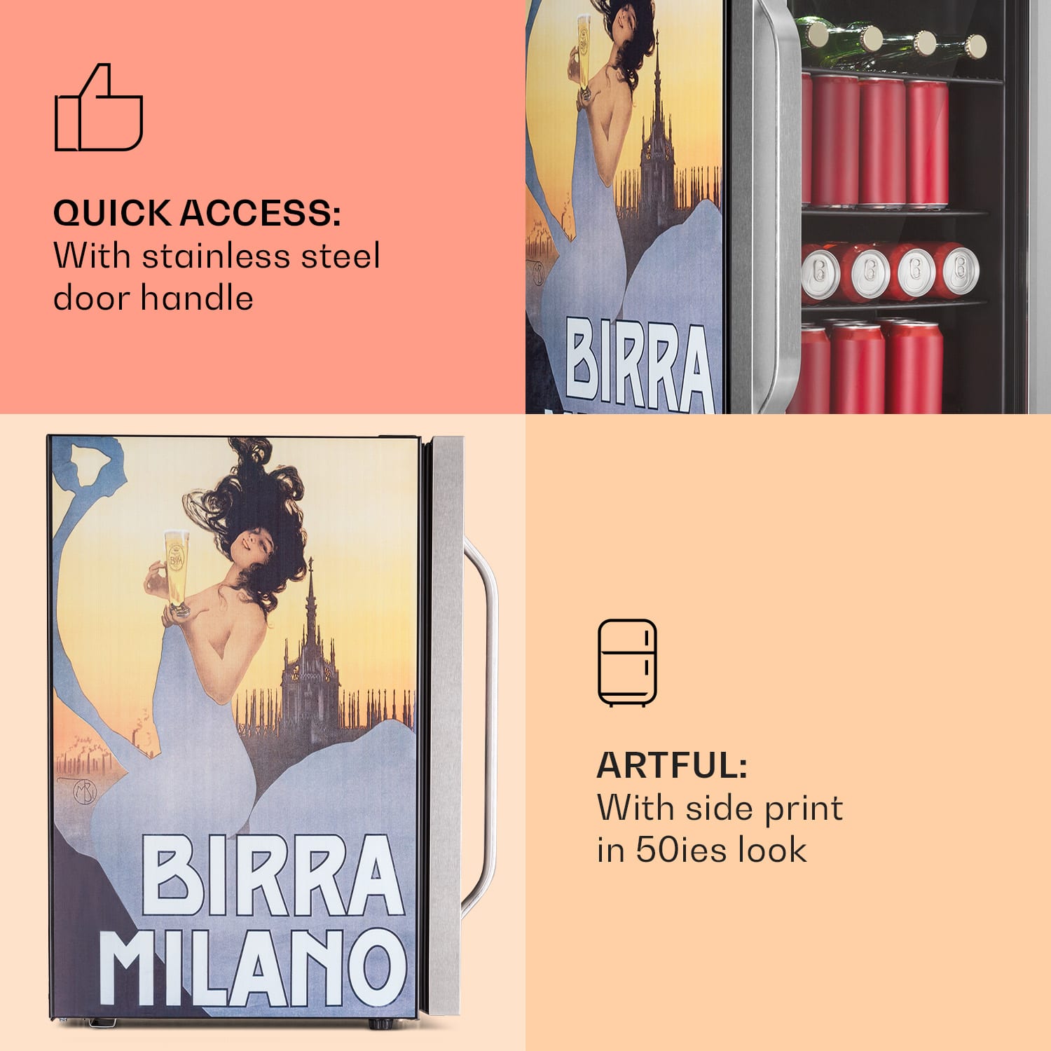 Klarstein Beersafe 70 Birra Milano Edition, chladnička, 70 l, 3 police, panoramatické sklenené dvere, nehrdzavejúca oceľ – Obrázok 4