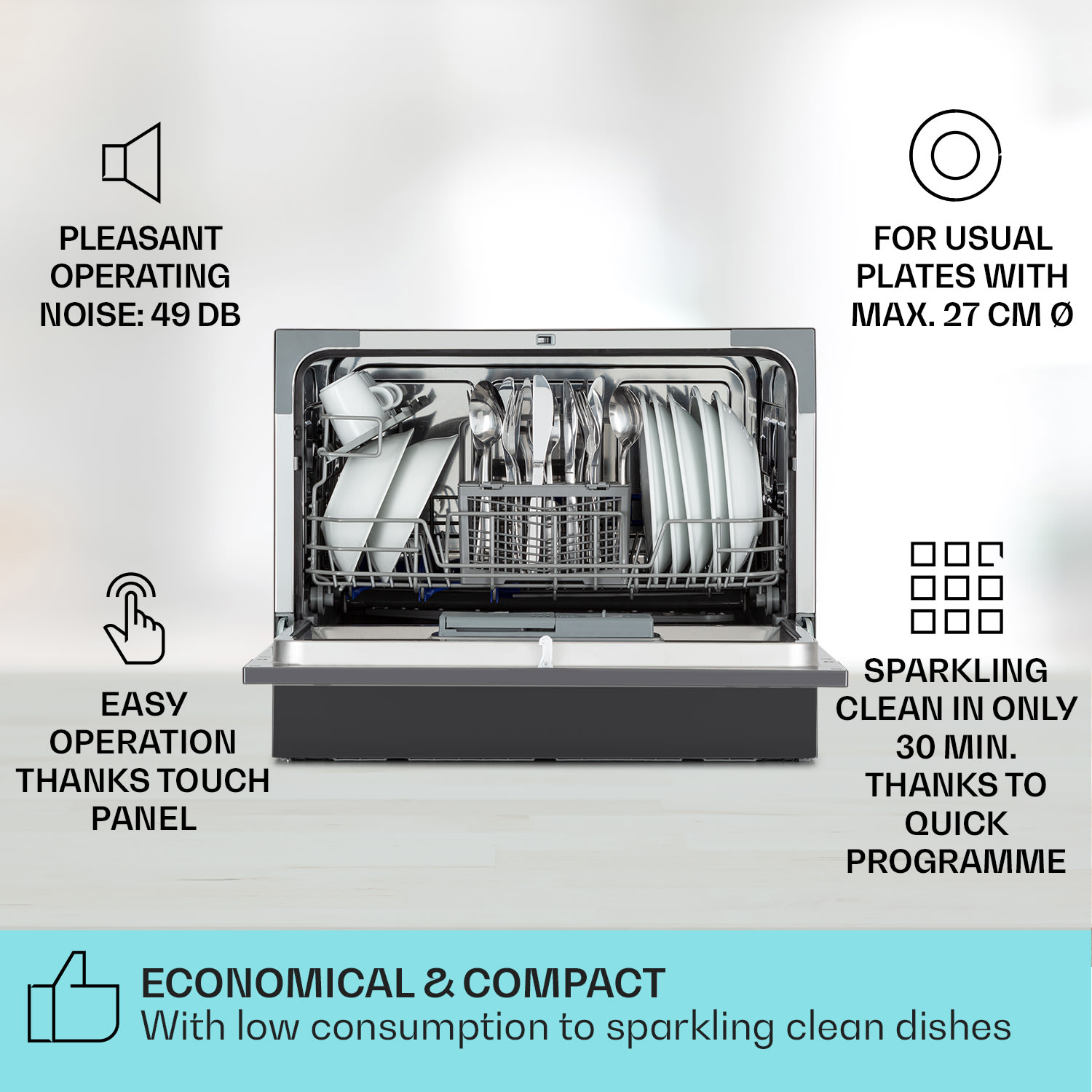 Klarstein Amazonia 6, umývačka riadu, 1300 W, na 6 súprav riadu, energet. trieda F, 49 dB, tlačidlové ovládanie – Obrázok 2