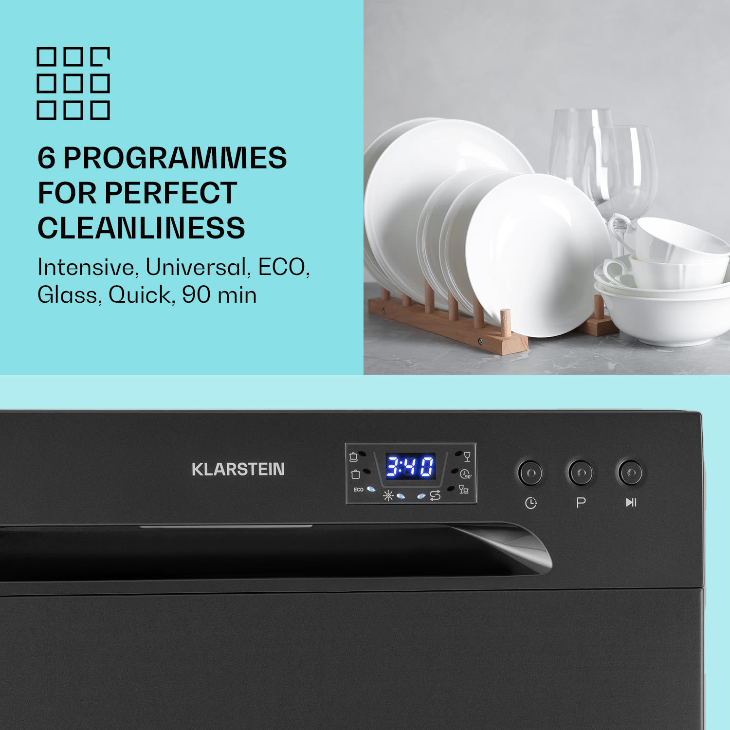 Klarstein Amazonia 6, umývačka riadu, 1300 W, na 6 súprav riadu, energet. trieda F, 49 dB, tlačidlové ovládanie – Obrázok 3