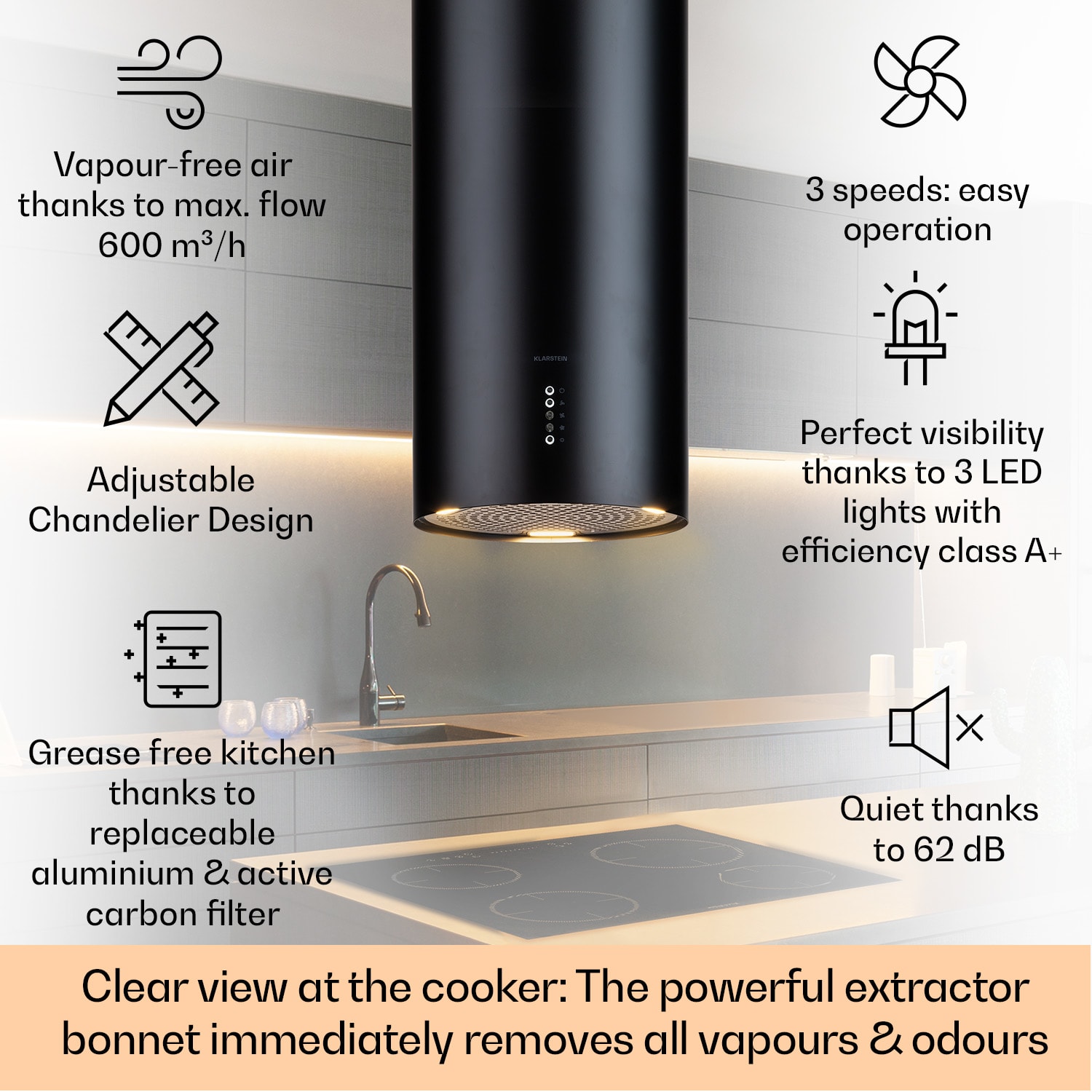 Klarstein Bolea, digestor, 38 cm, ostrovčekový, 600 m³/h, LED, filtre s aktívnym uhlím, nehrdzavejúca oceľ – Obrázok 2