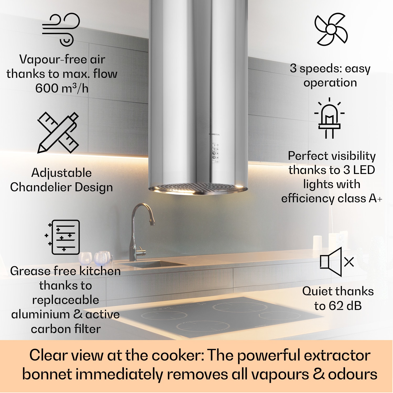 Klarstein Bolea, digestor, 38 cm, ostrovčekový, 600 m³/h, LED, filtre s aktívnym uhlím, nehrdzavejúca oceľ – Obrázok 2