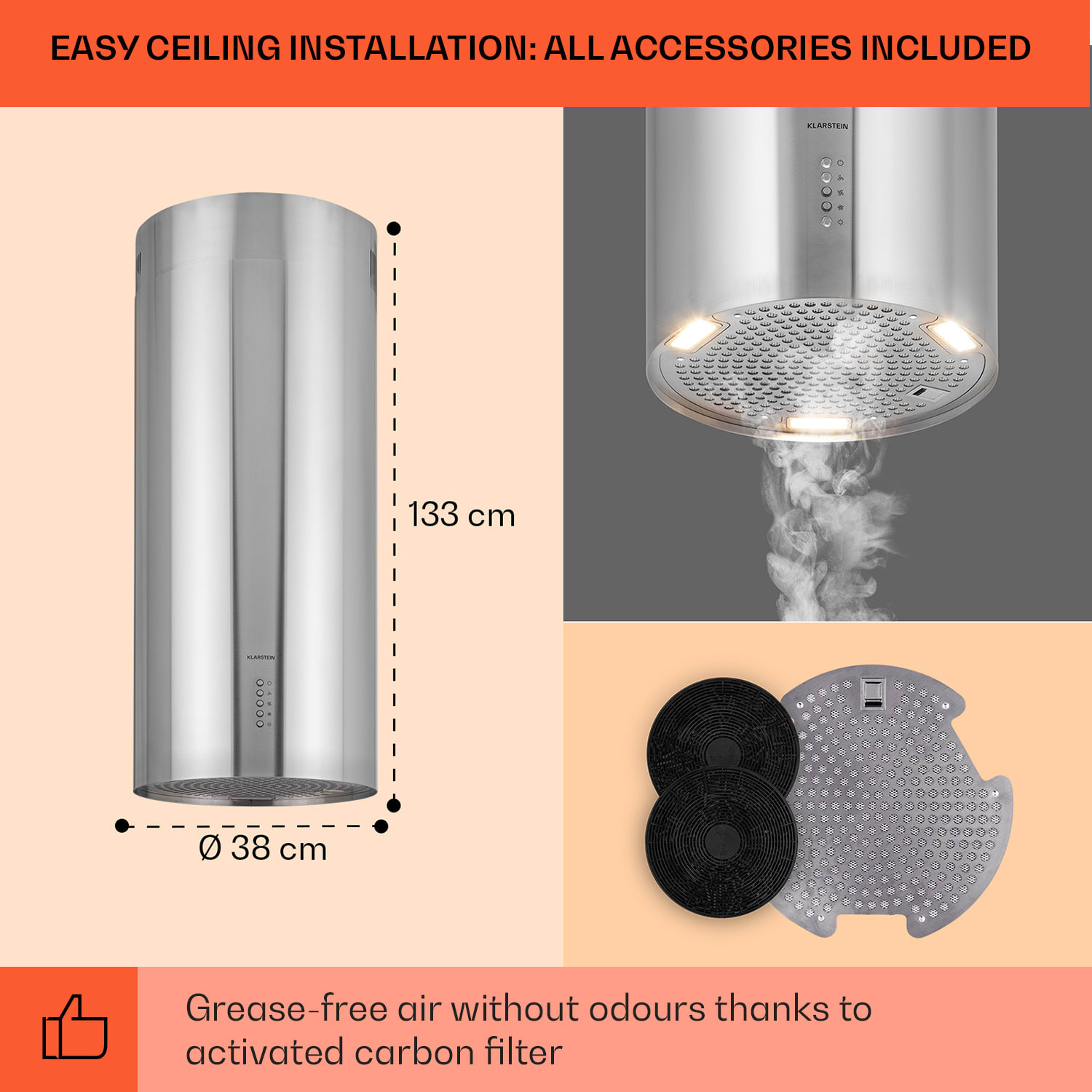 Klarstein Bolea, digestor, 38 cm, ostrovčekový, 600 m³/h, LED, filtre s aktívnym uhlím, nehrdzavejúca oceľ – Obrázok 5