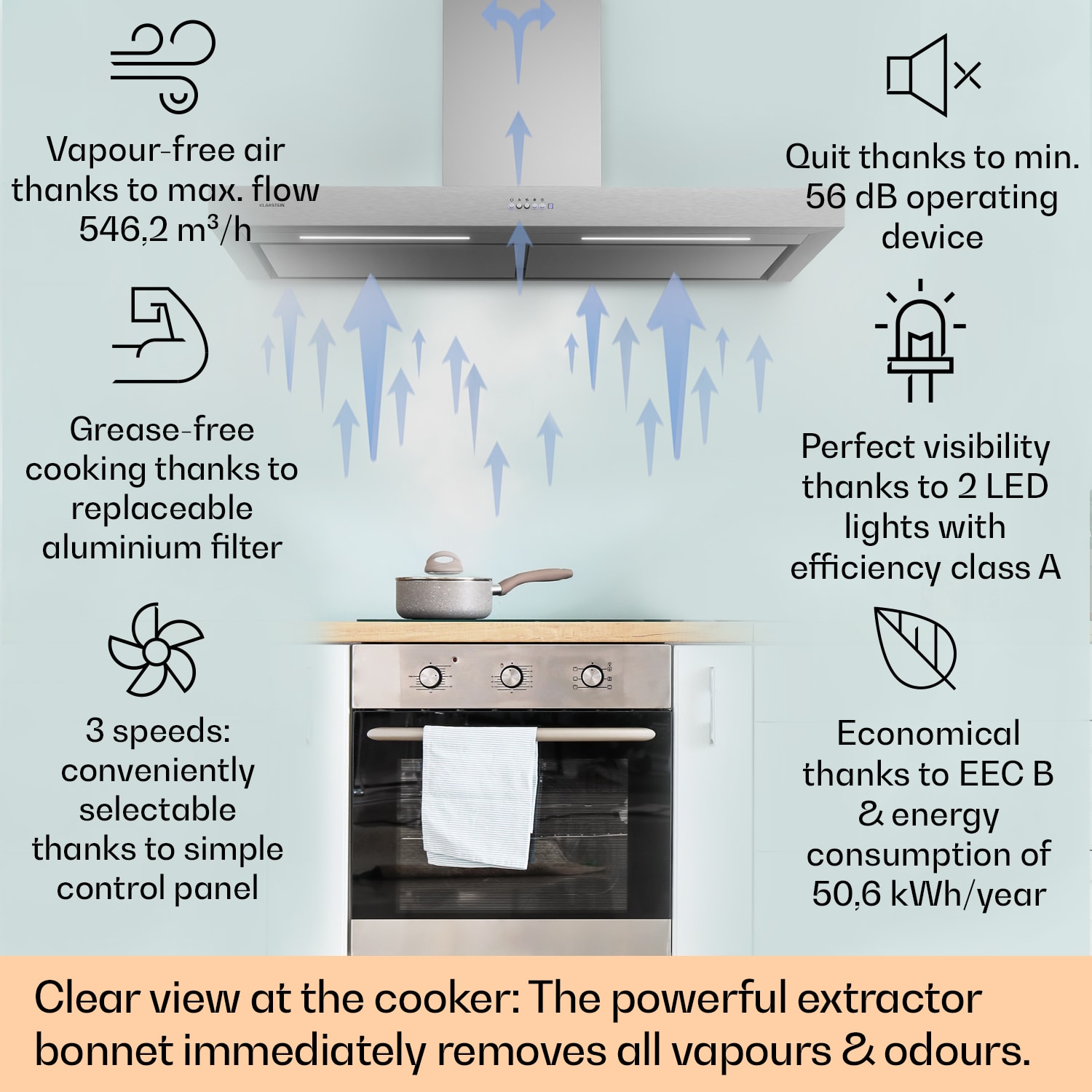 Klarstein Limelight, digestor, 120 cm, nástenný, 546,2 m³/h, nehrdzavejúca oceľ – Obrázok 2
